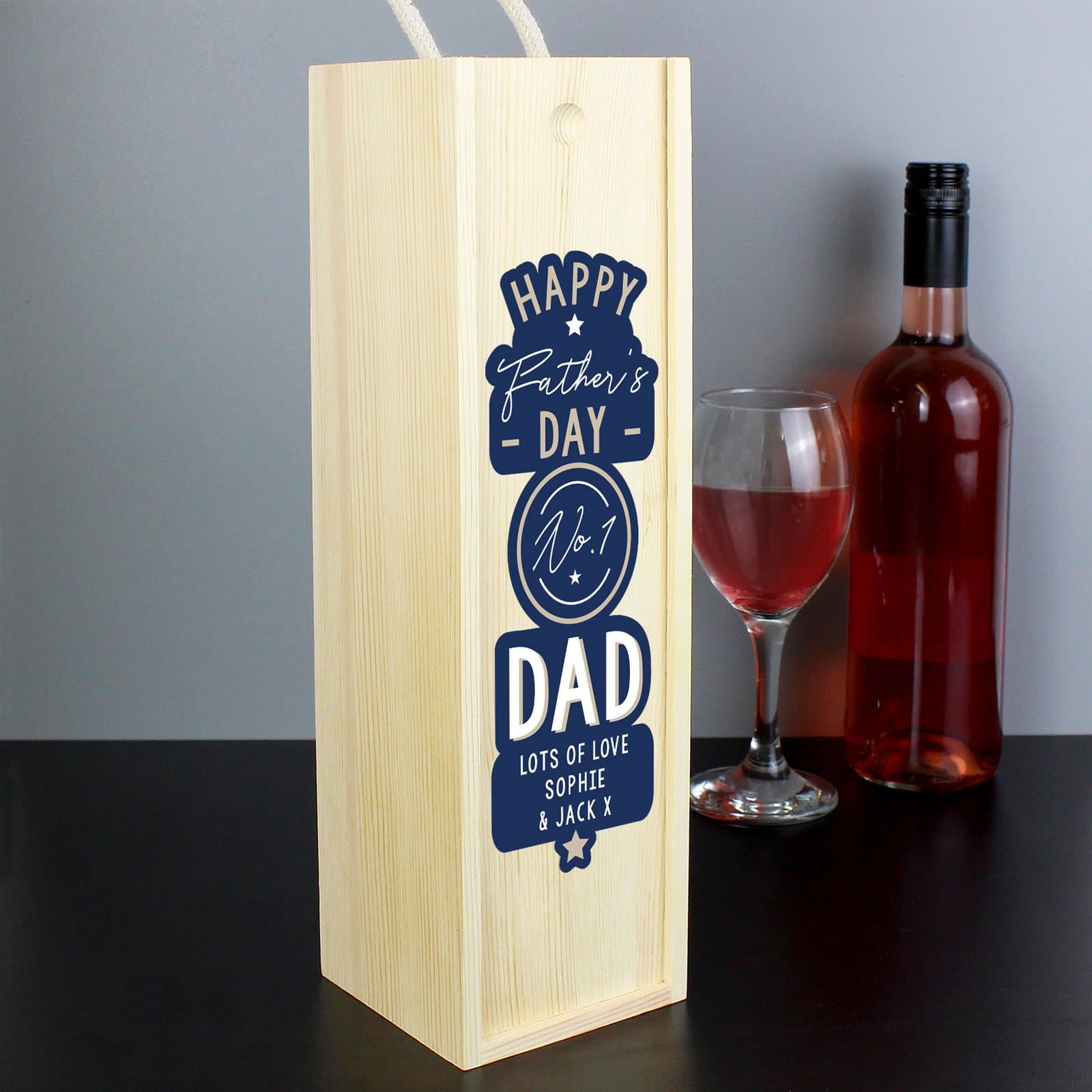 Wooden No.1 Dad wine bottle box with a sliding front