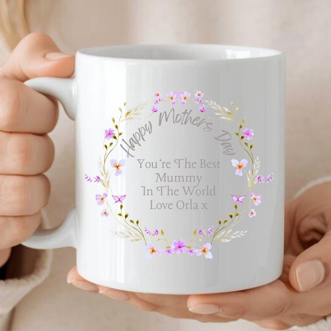 Personalised ceramic mug with a flower design, for Mother's Day.