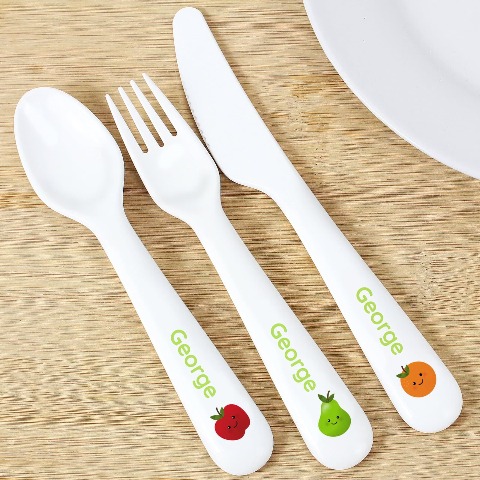 Plastic spoon, knife and fork set personalised with a name