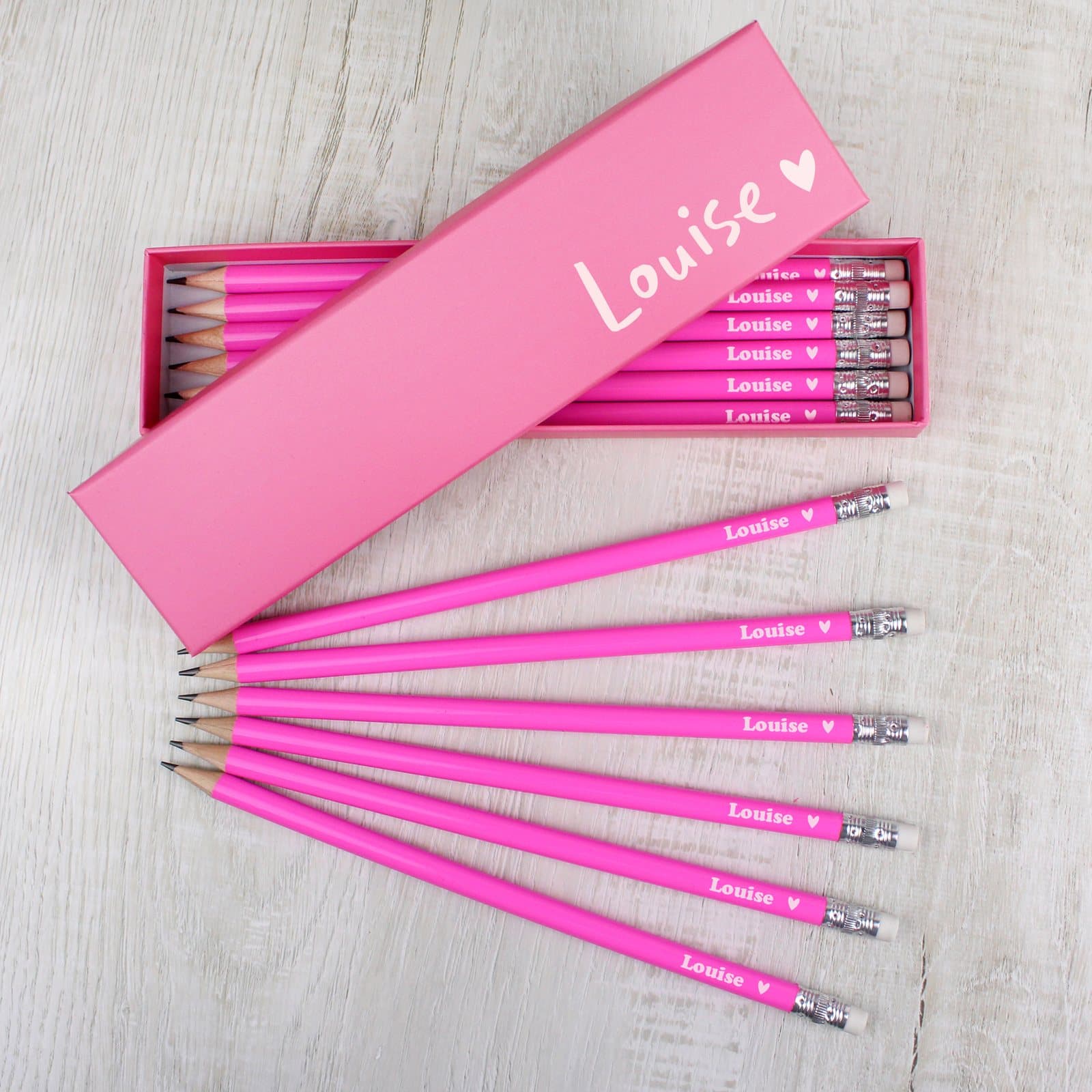 Personalised heart box with 12 pink HB pencils