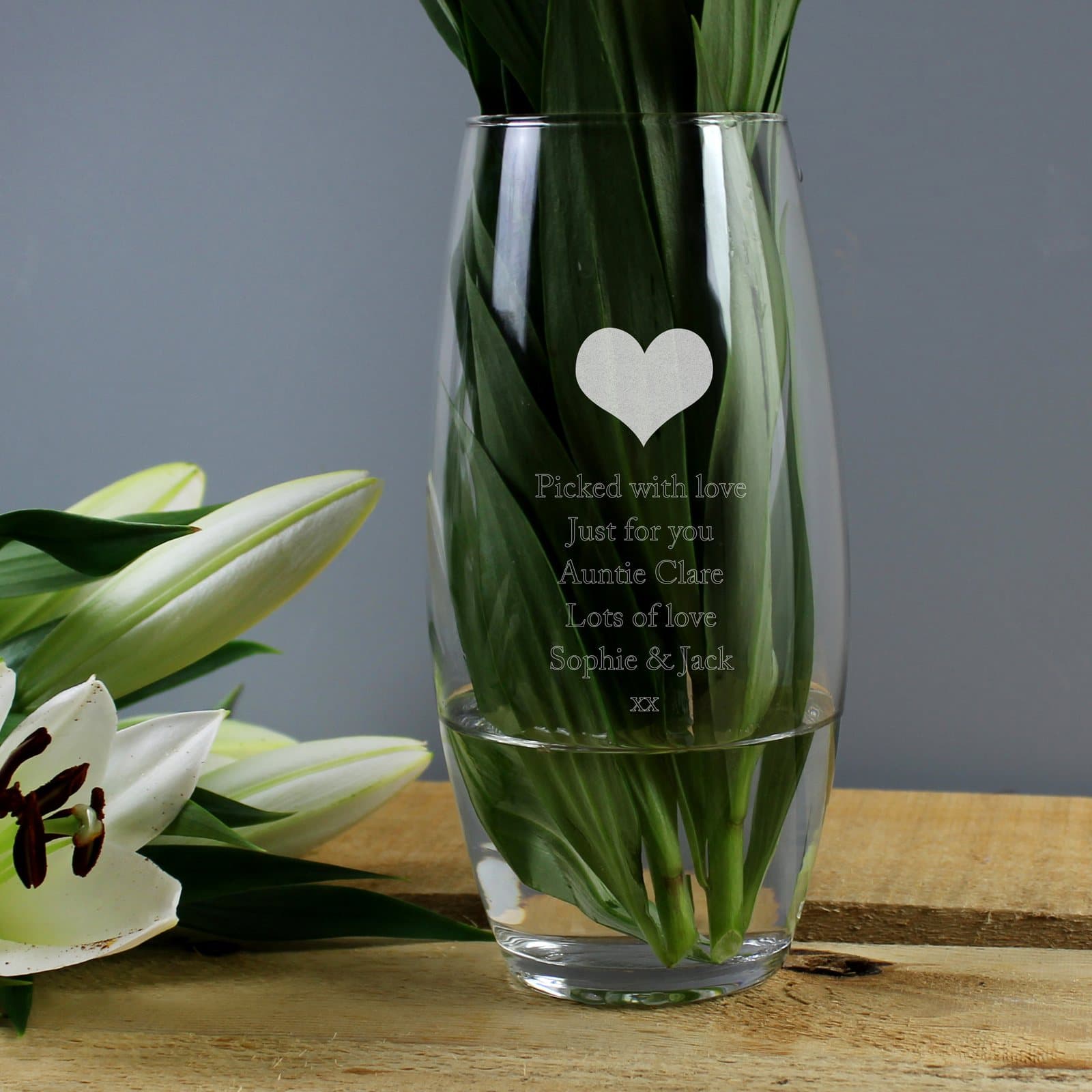 Heart bullet vase with a personalised message