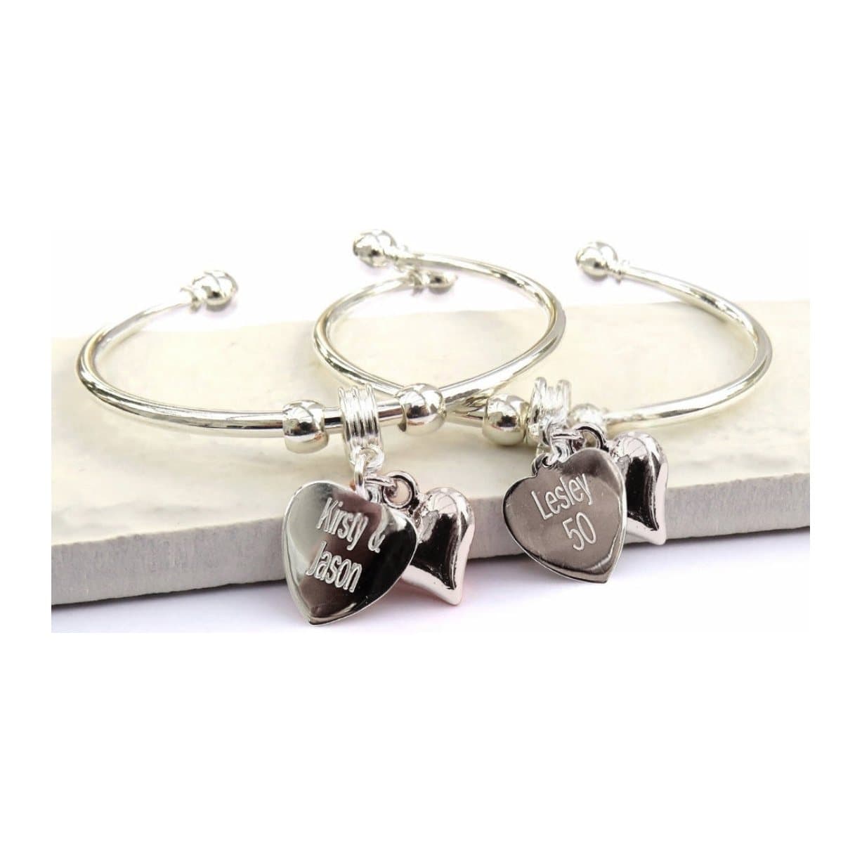 Personalised heart charm bangle in silver plate with a sterling silver heart charm