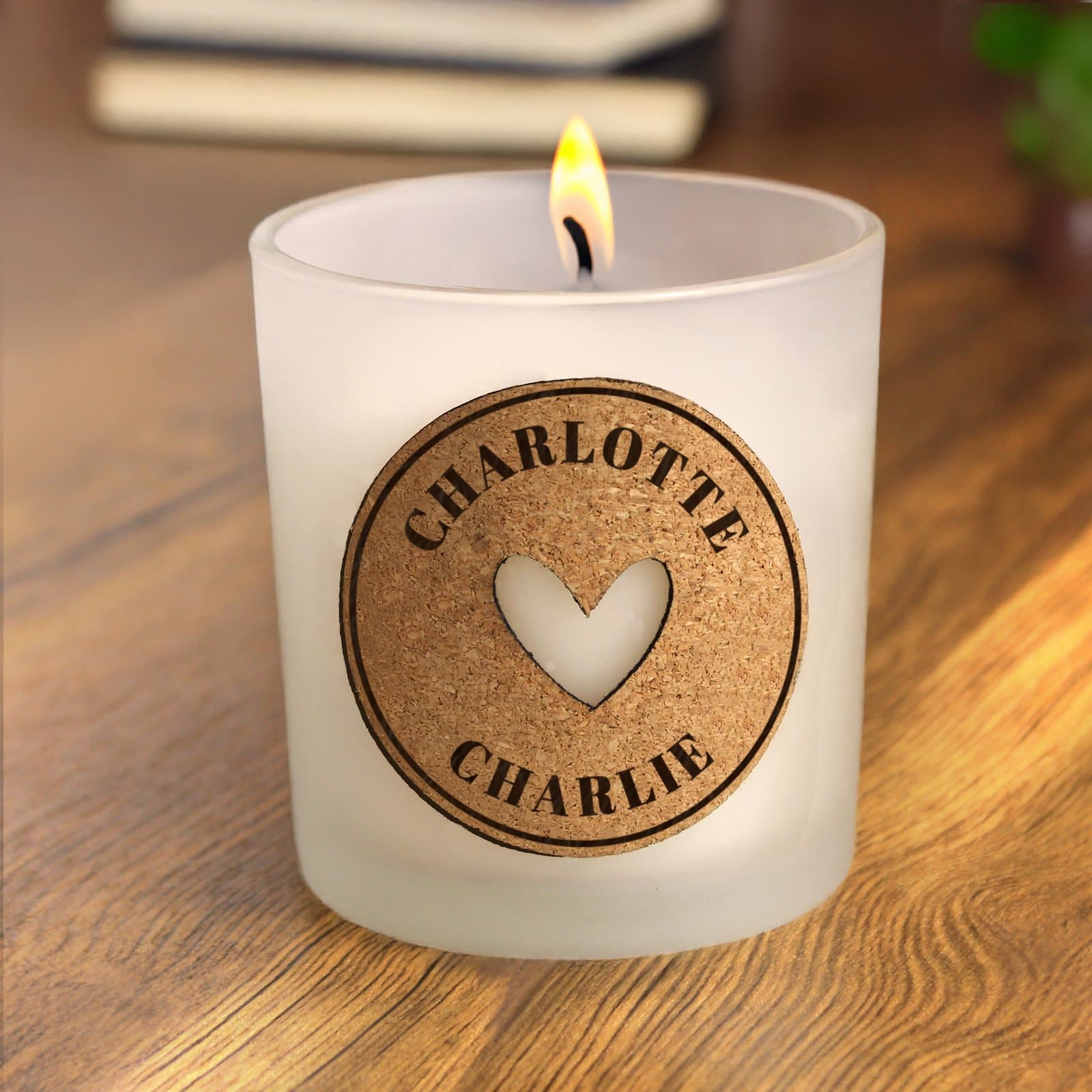 Heart design vanilla jar candle with a cork label and two lines of text