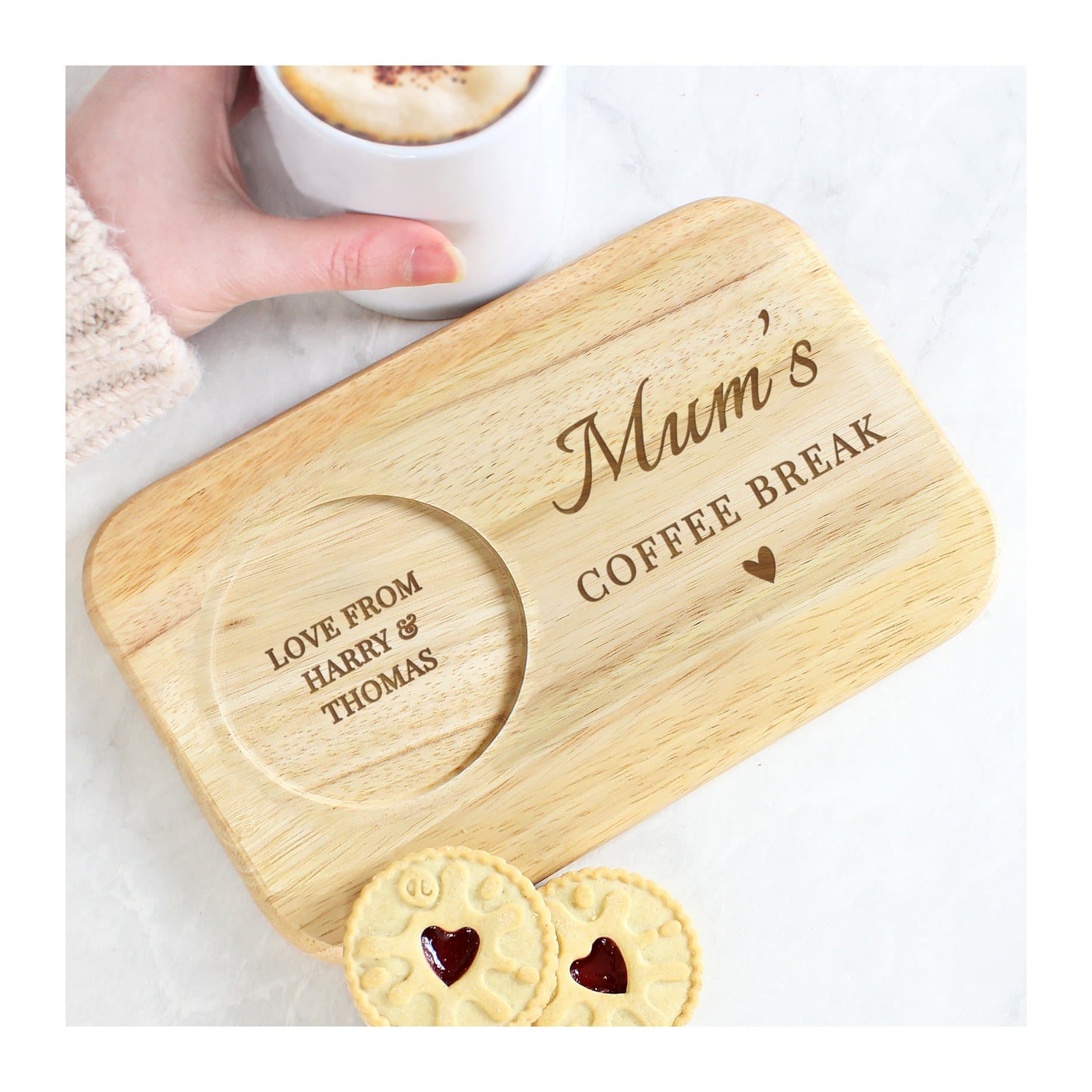 Wooden heart design coaster tray with a drink groove and personalised text