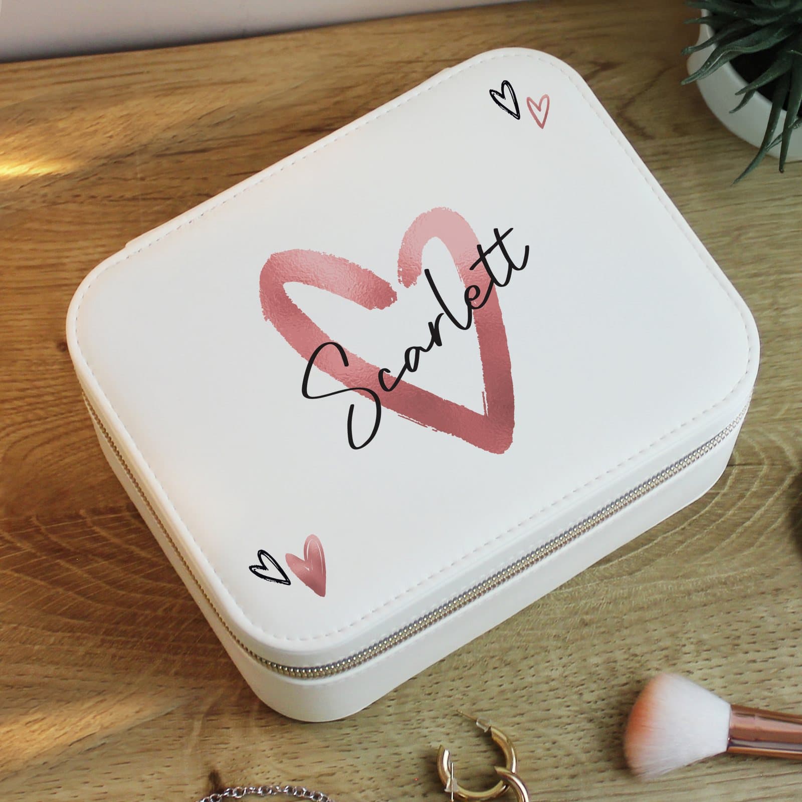 Heart leatherette jewellery box personalised with one line of text