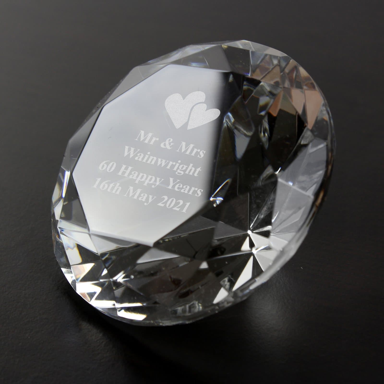 Heart motif diamond paperweight personalised with a four-line message