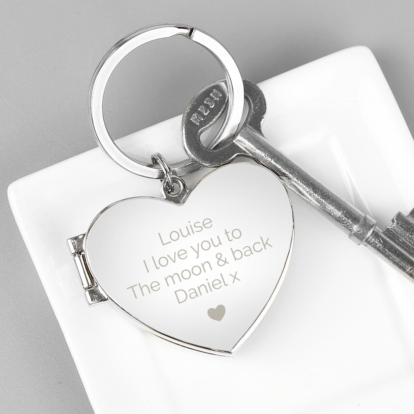 Silver finish heart shaped photoframe keyring with heart motif