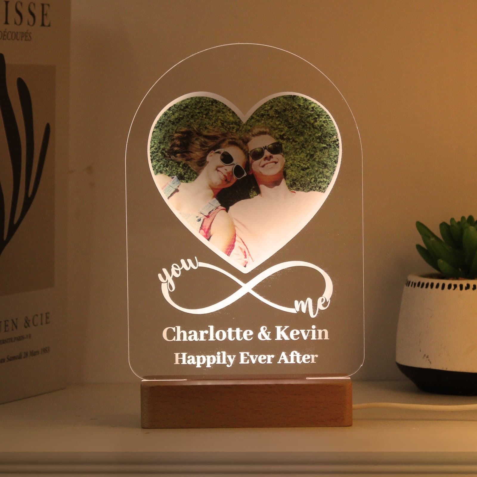 Heart LED light with infinity sign, you and me text and photo on a small base