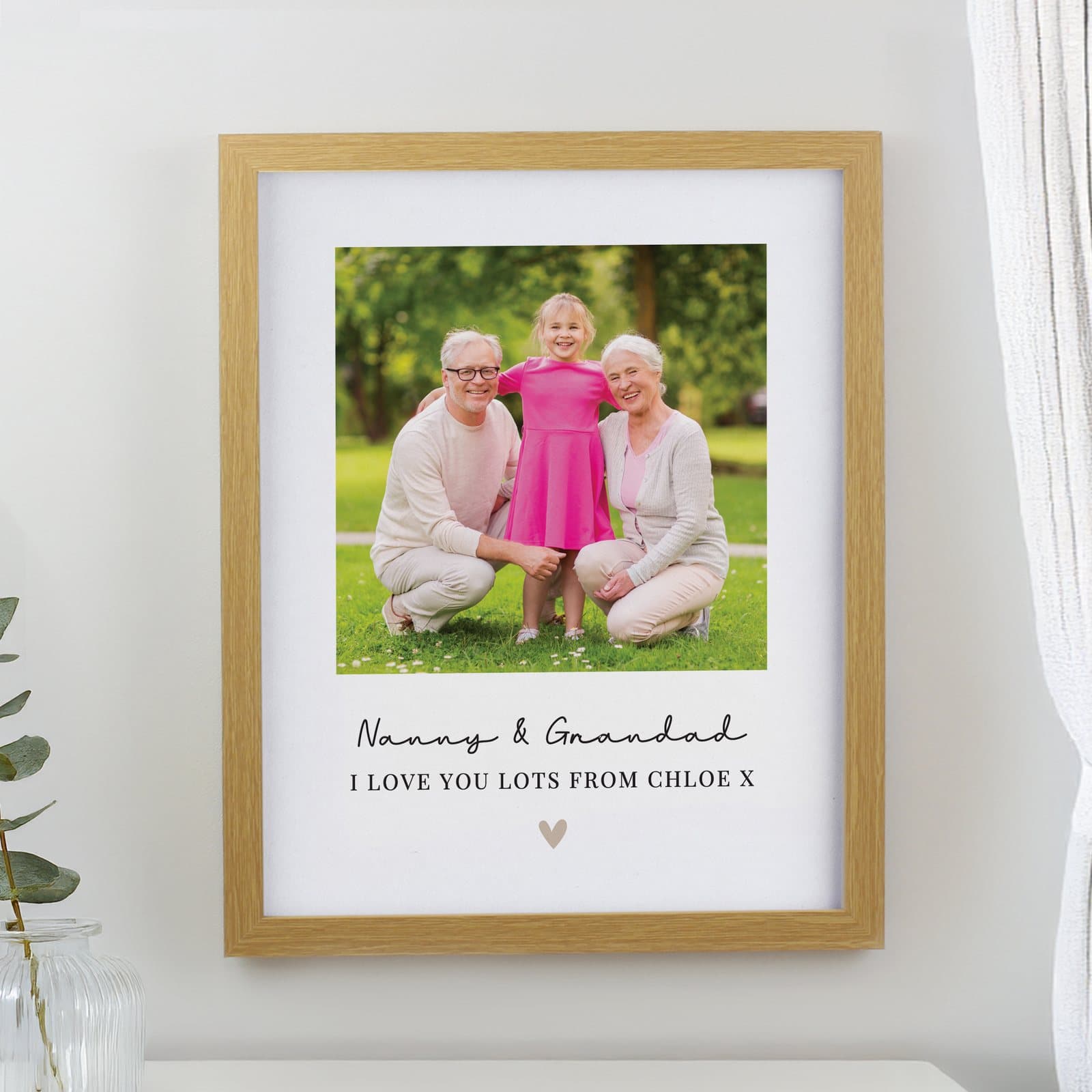 Personalised heart photo upload poster in an oak portrait frame