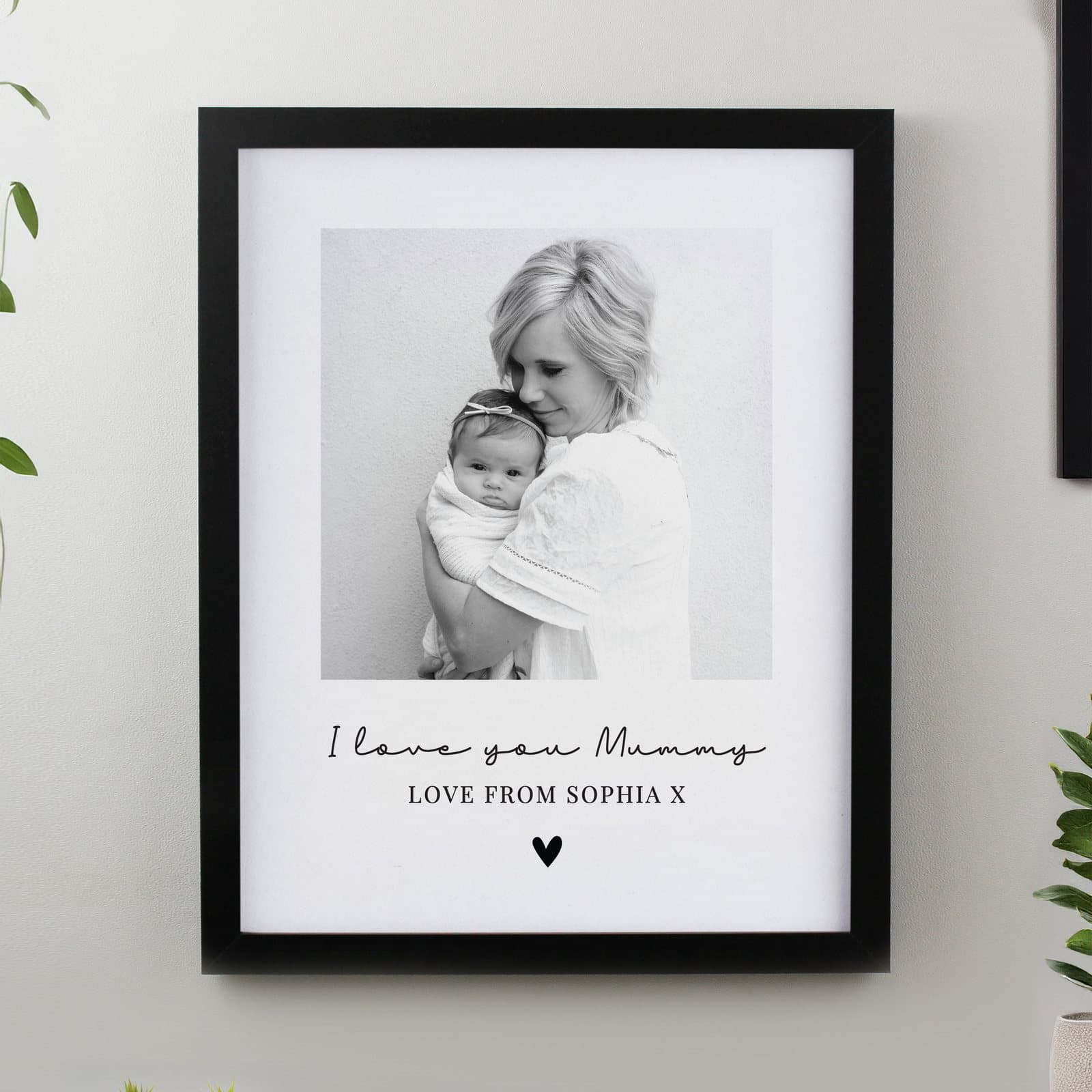 Personalised heart photo upload poster in a large portrait frame