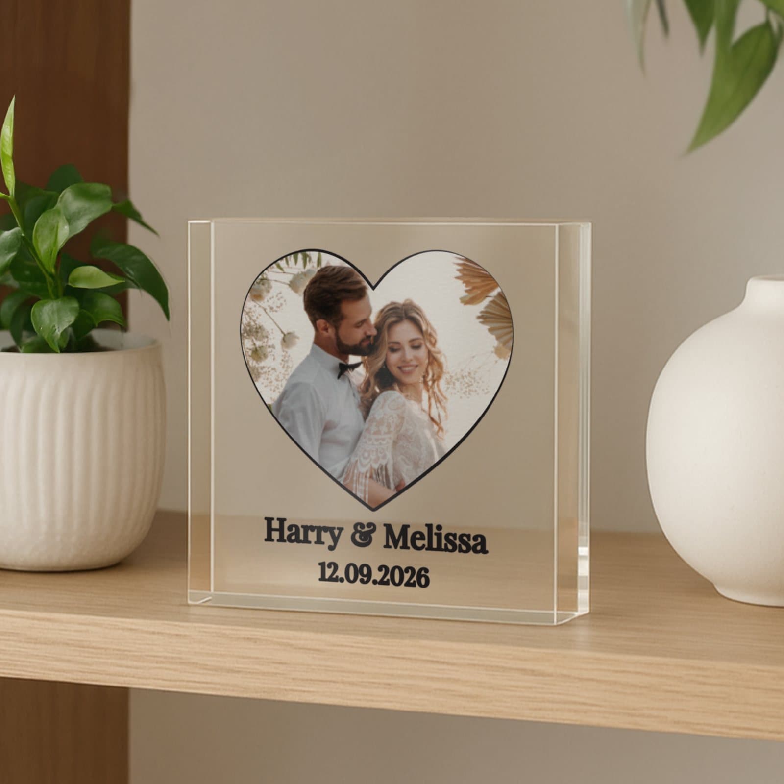 Small glass heart ornament personalised with a photo and two lines of text