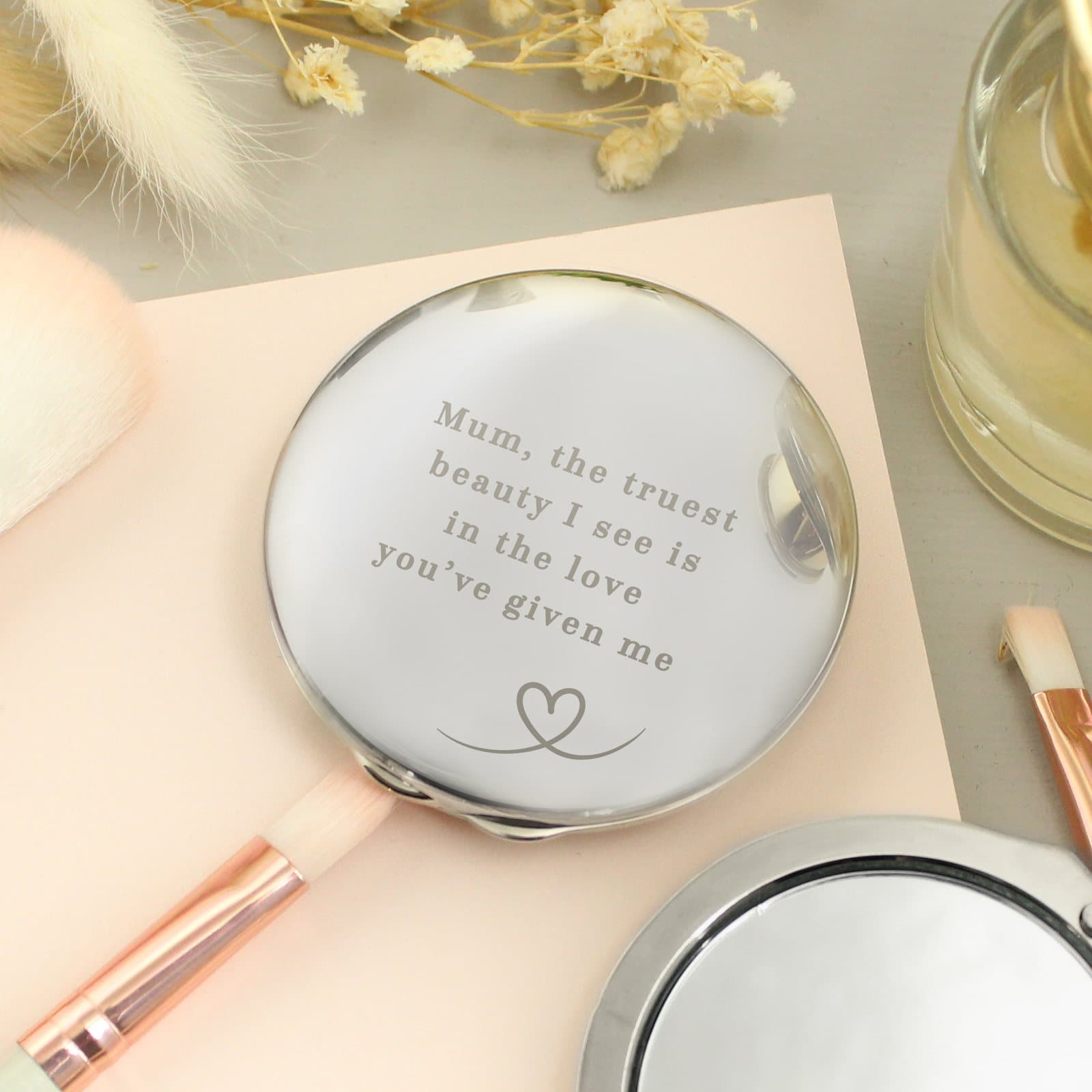 Round silver finish compact mirror with a heart and personalised text