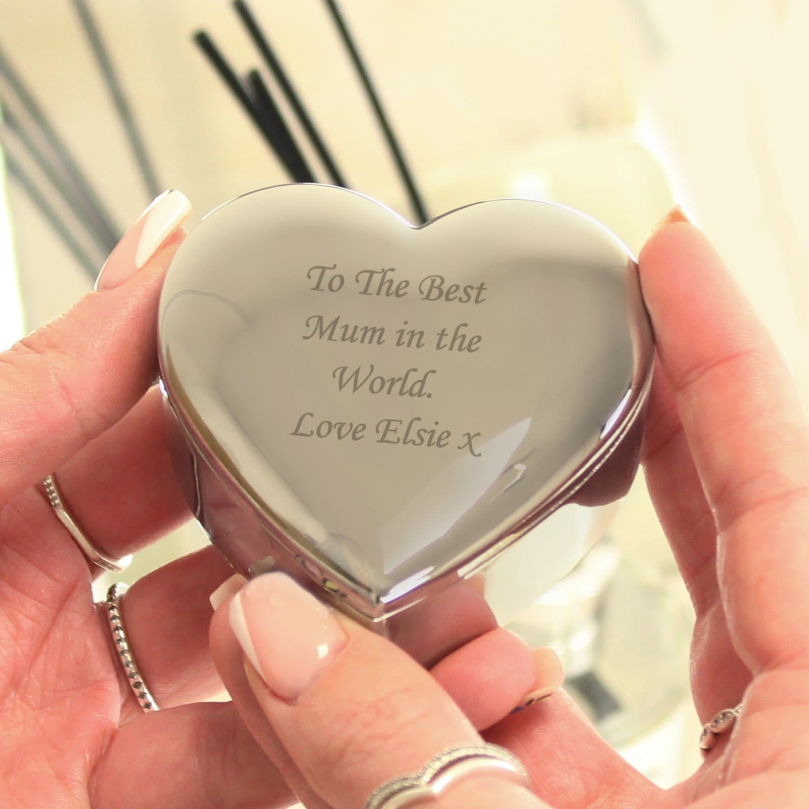 Heart shaped nickel plated trinket box personalised with a message