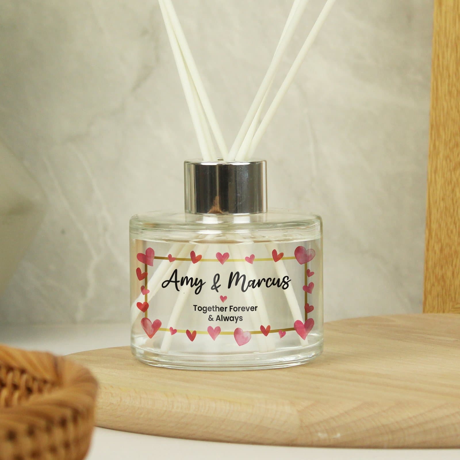 Personalised hearts reed diffuser in glass with three lines of text