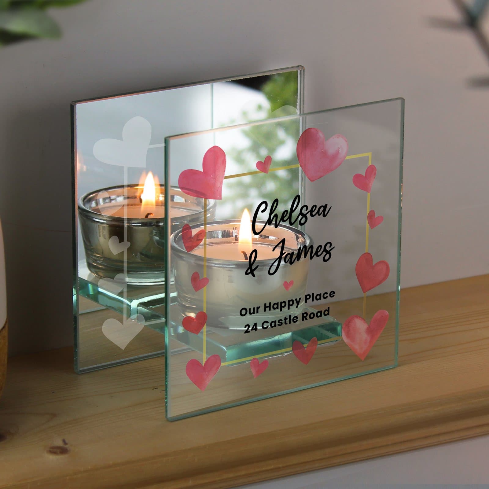 Personalised hearts mirrored glass tealight holder