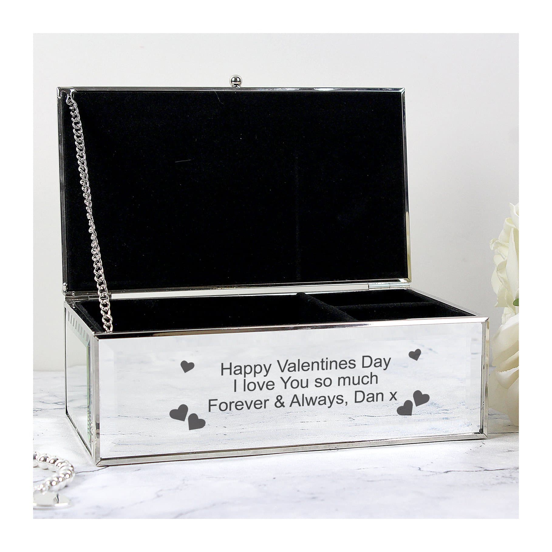 Mirrored finish jewellery box with a hearts design and a personalised message