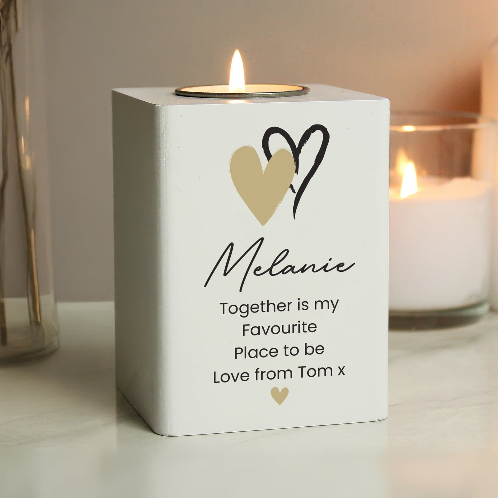 Wooden tealight holder with hearts and lines of personalised script text