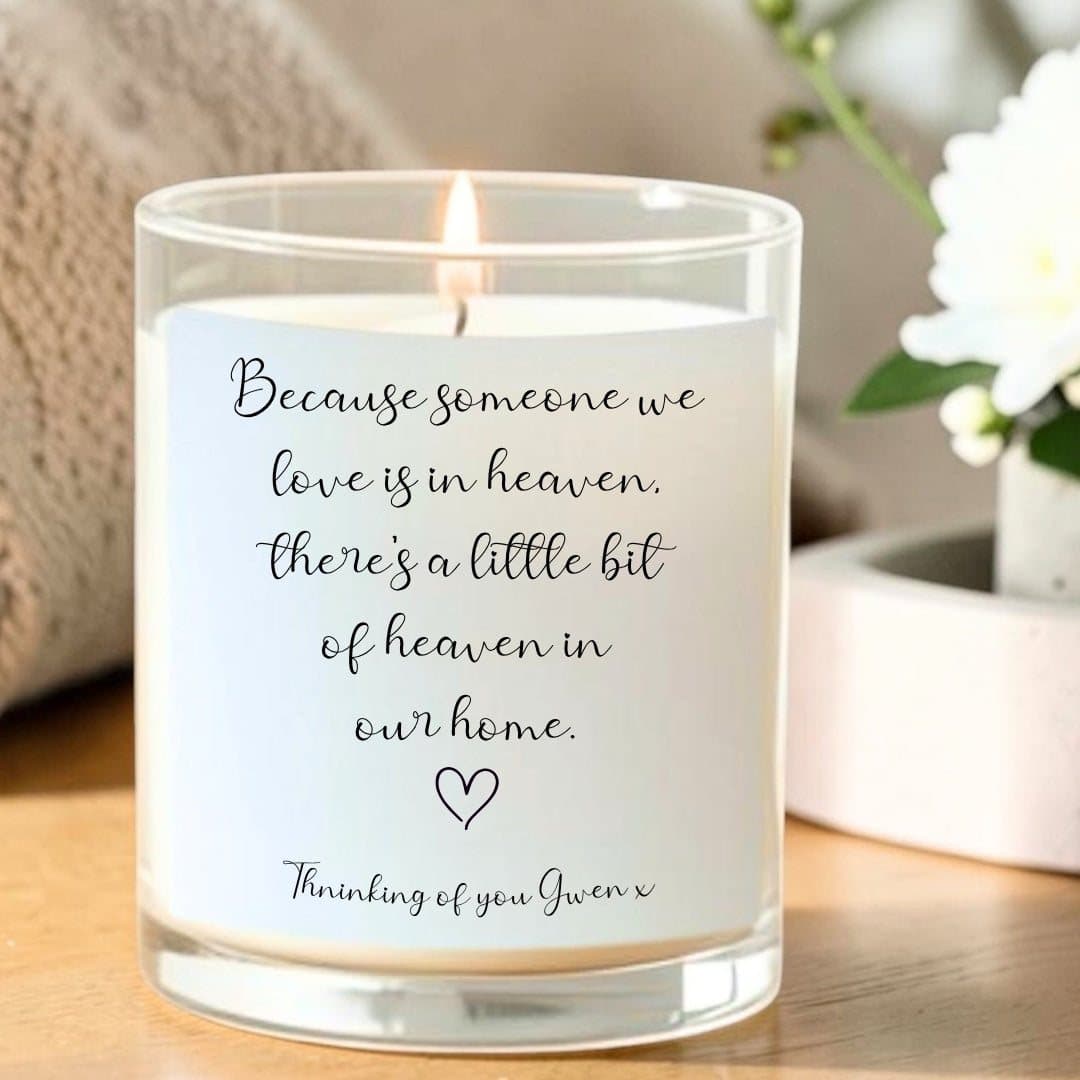 Personalised memorial candle with chocolate hearts and matches in a gift box