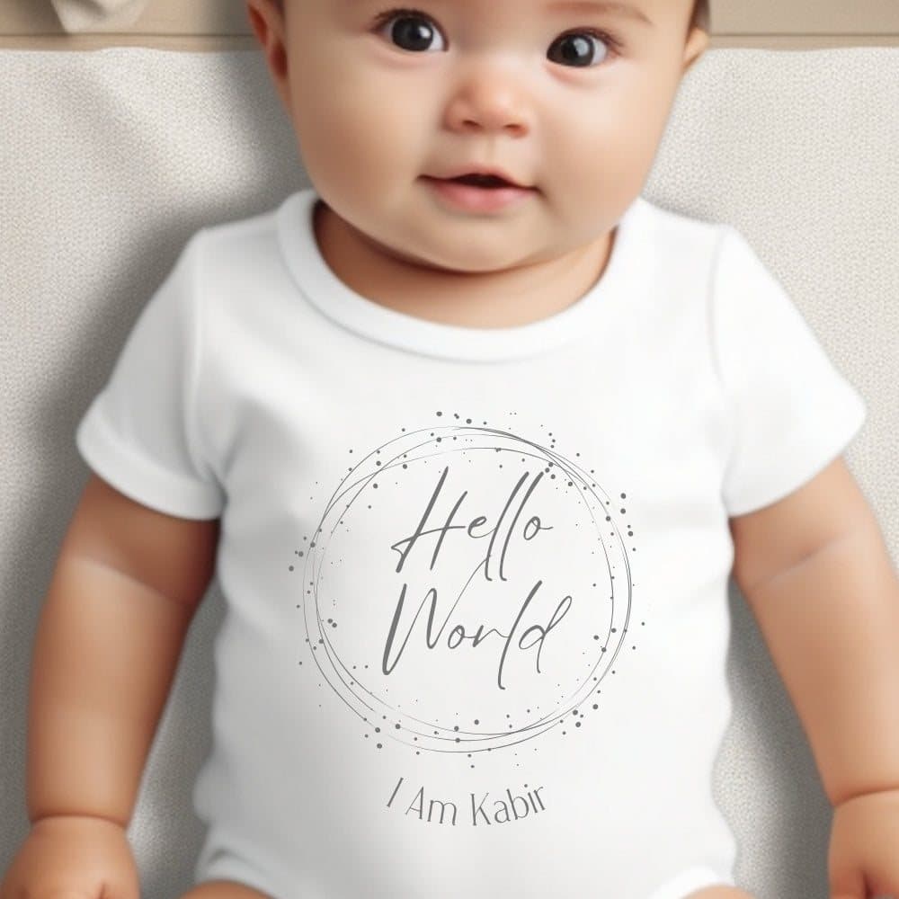 Personalised Hello World baby outfit with the Hello World artwork and a name