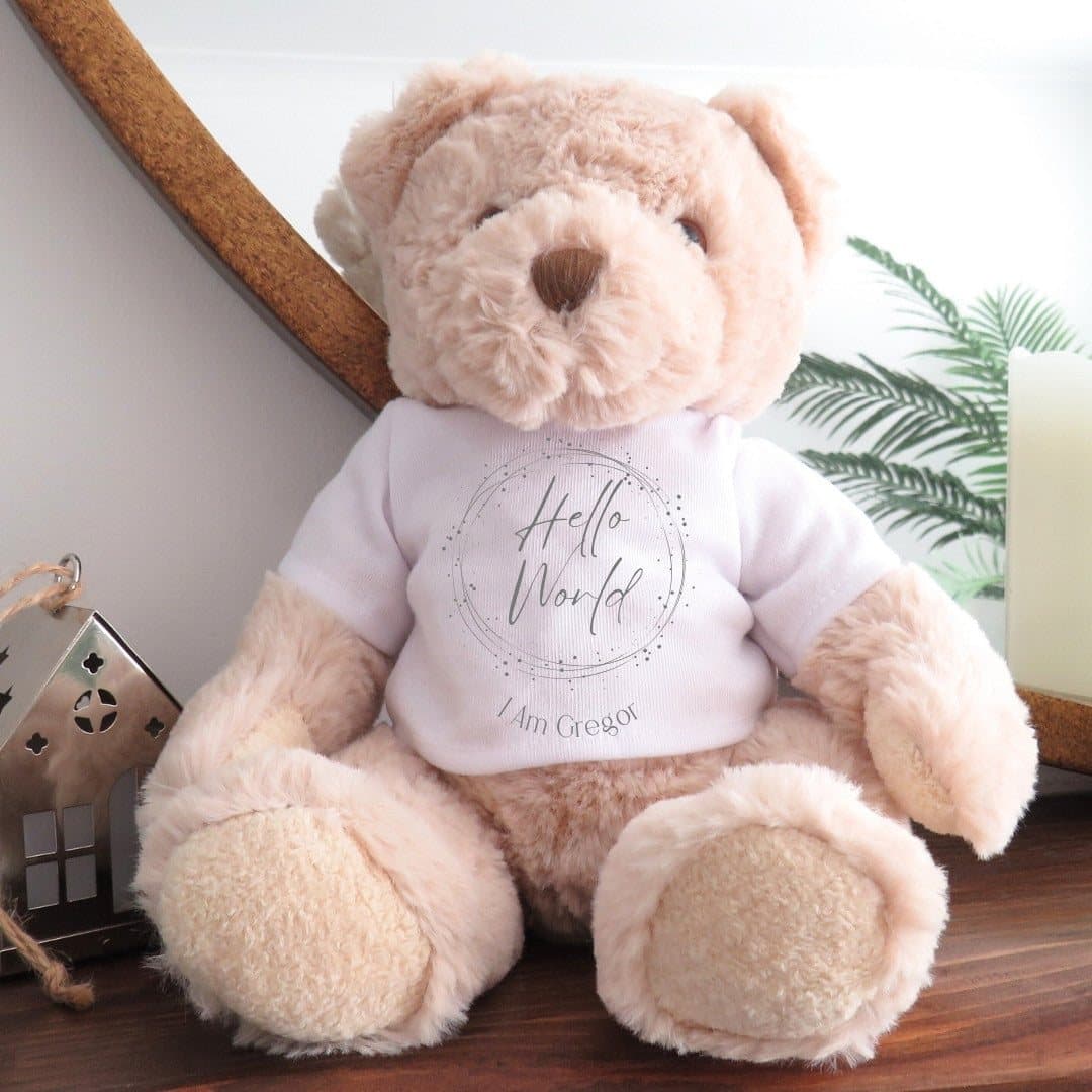 Hello World Silver Circle baby vest and teddy bear in a white box