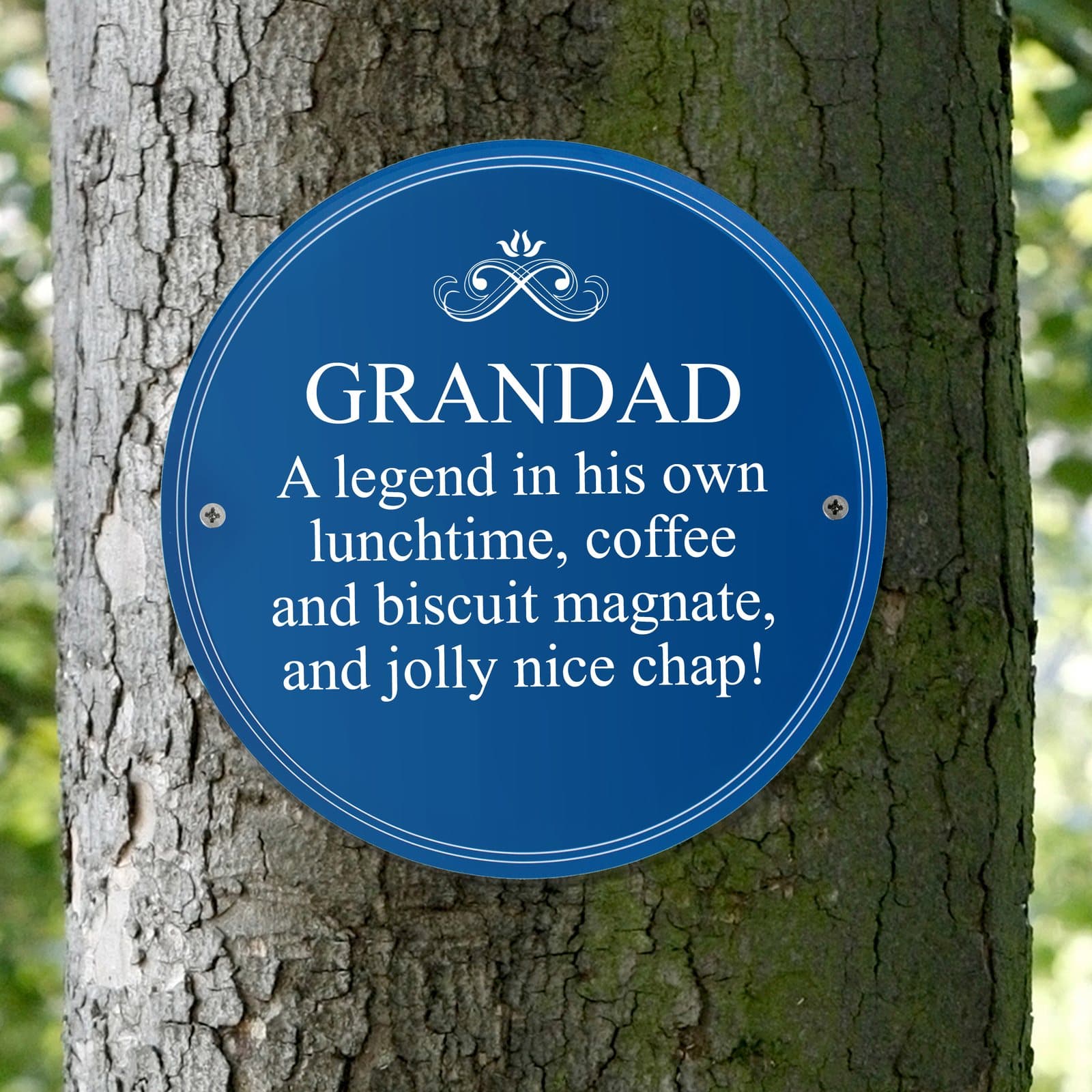 Square plastic plaque with a bold name and five lines of message text