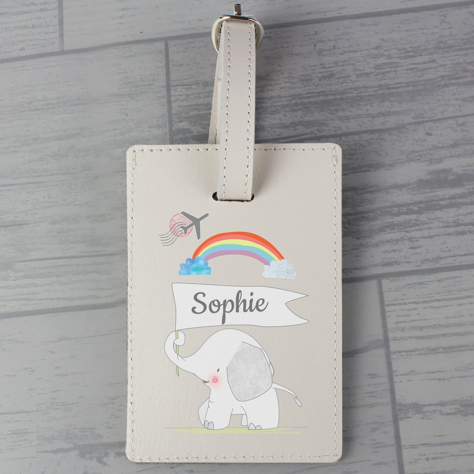 Cream leather luggage tag with a hessian elephant design