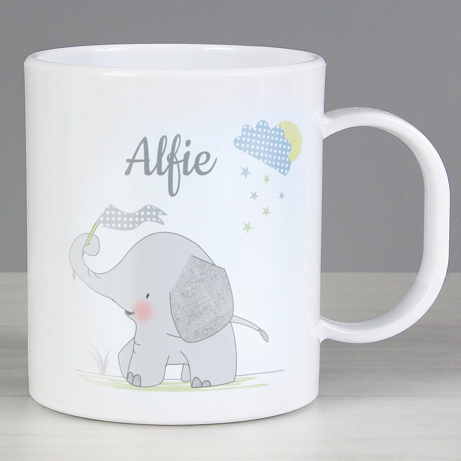 Plastic mug with a hessian elephant design and a personalised name