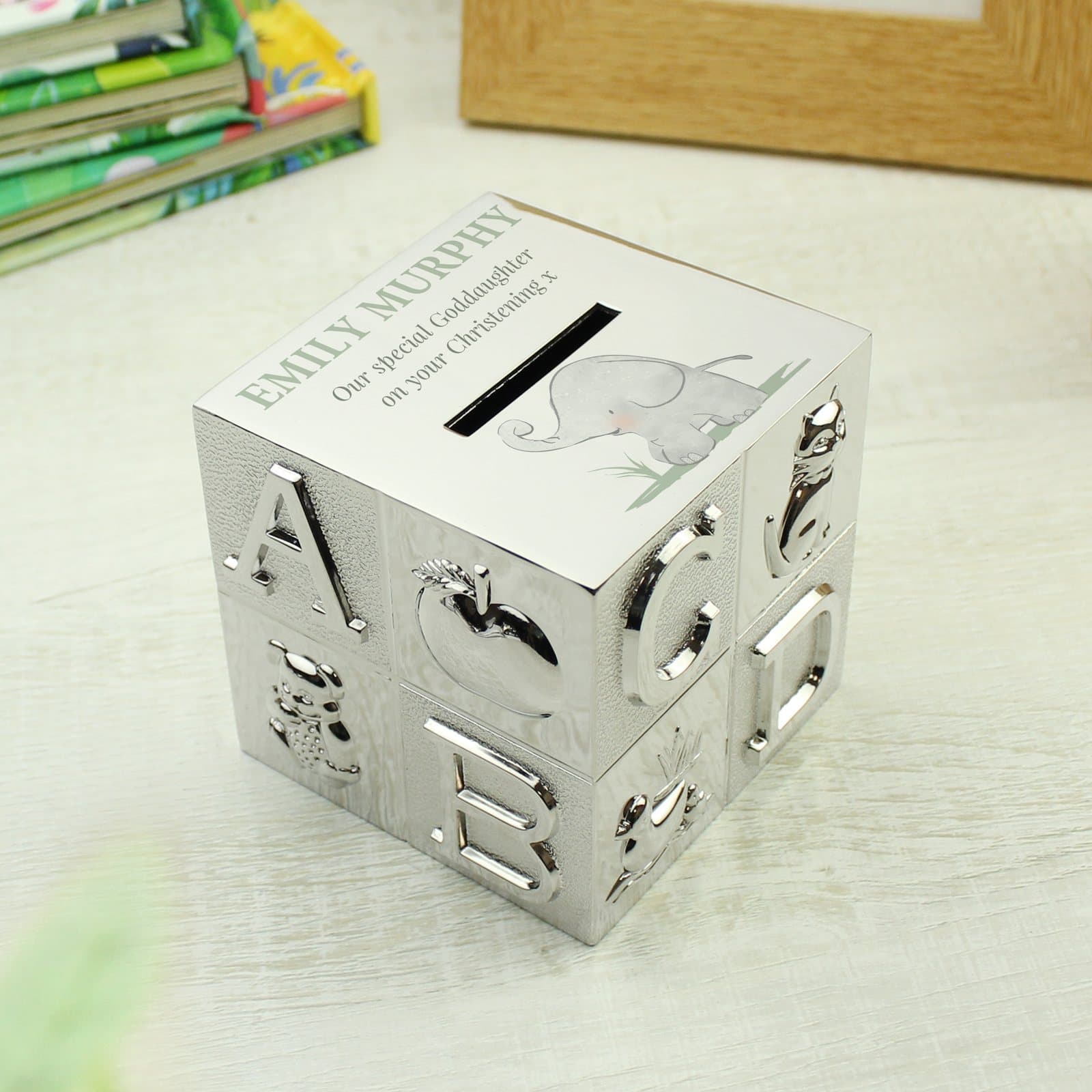 Hessian ABC money box with baby animal friends and personalised text