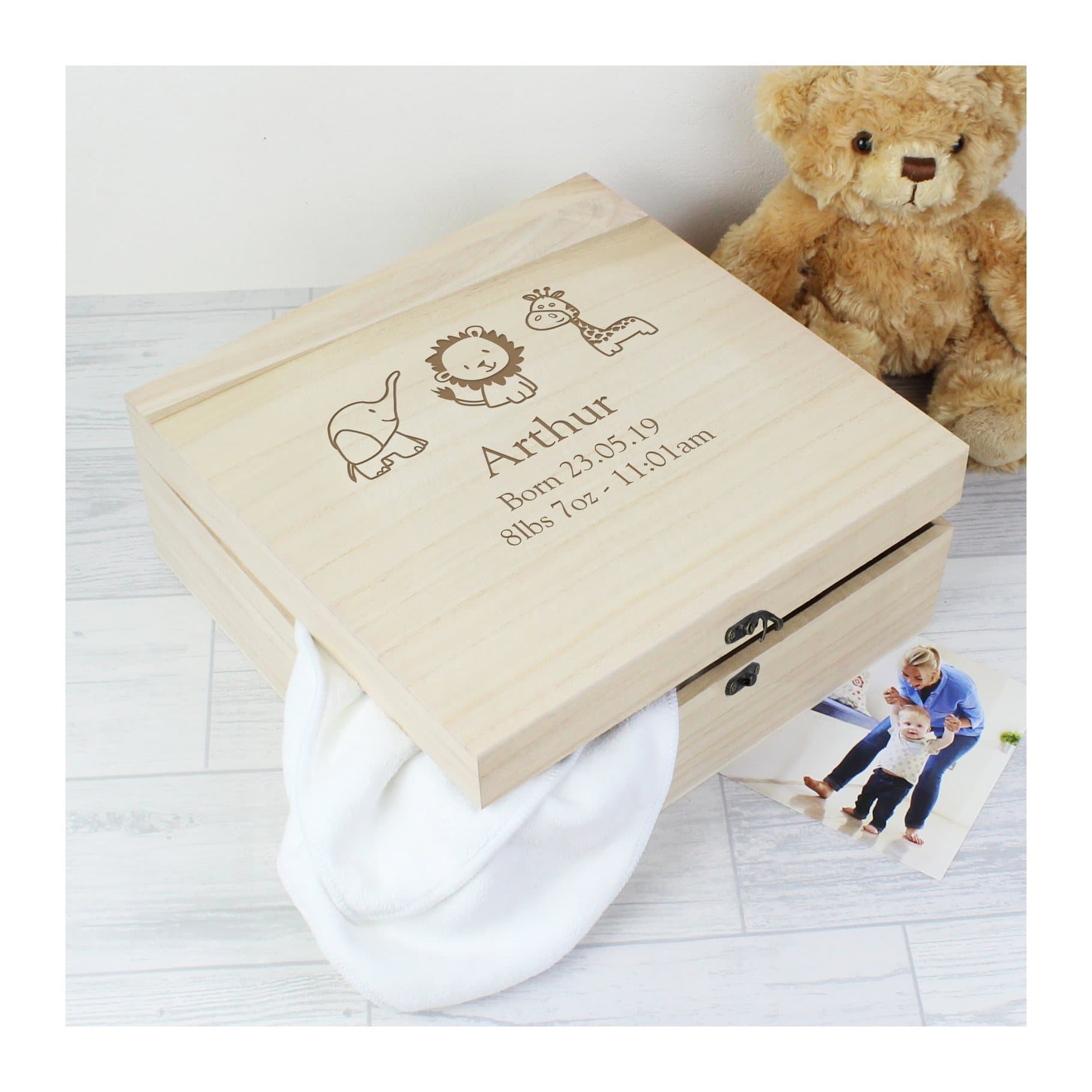Large personalised wooden keepsake box with a metal clasp and hinges