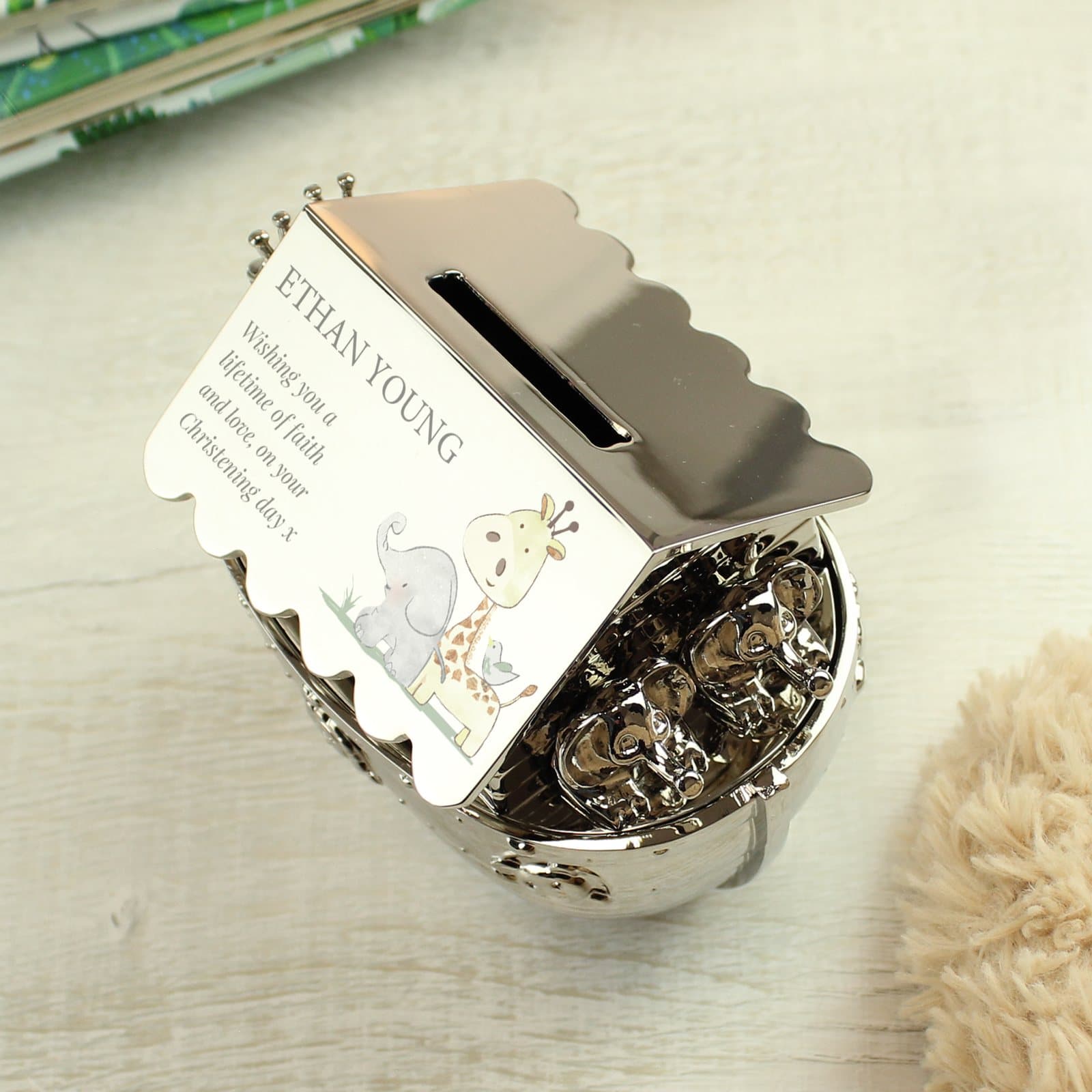 Personalised Noah's Ark money box with baby animal design and silver finish