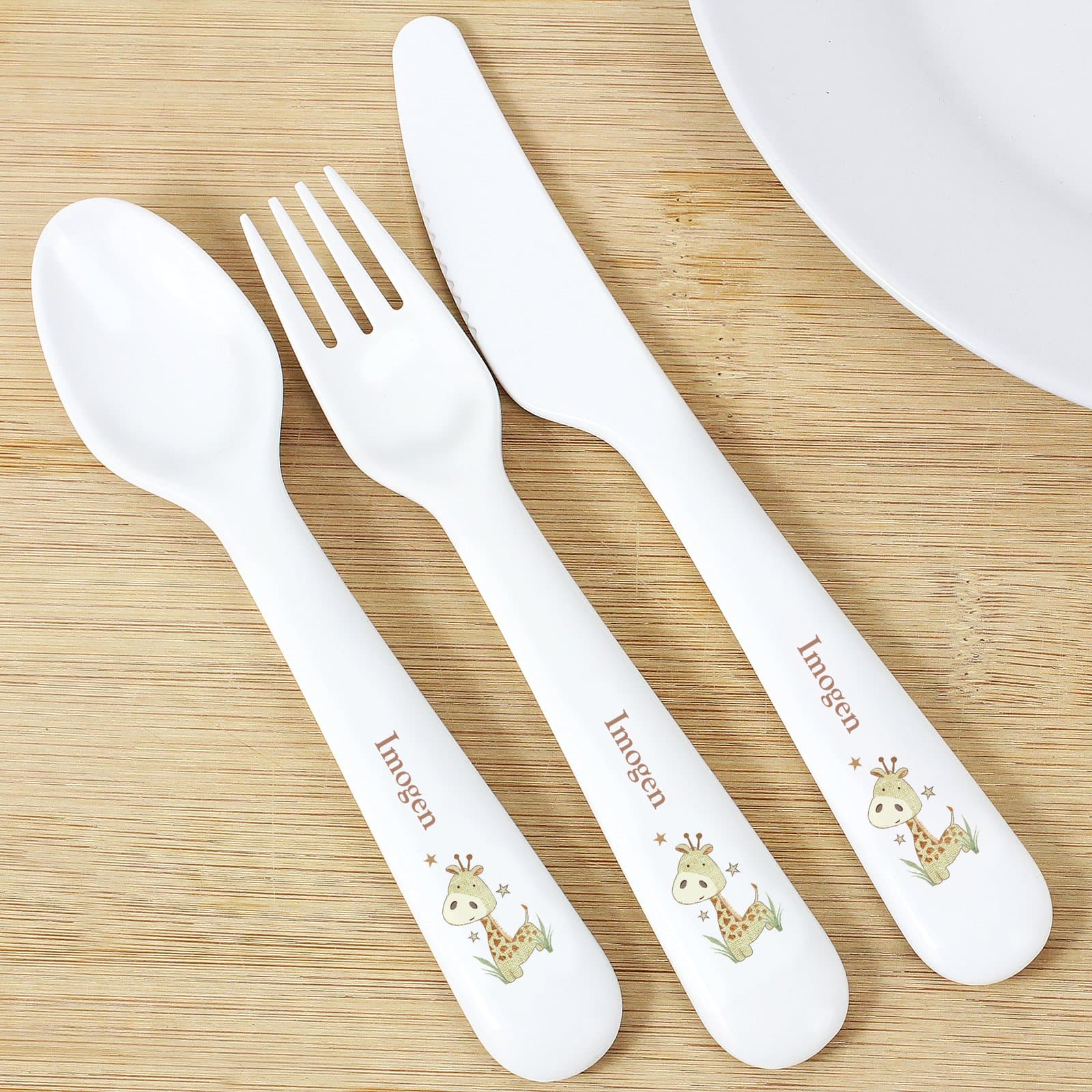 Hessian giraffe design 3 piece plastic cutlery set