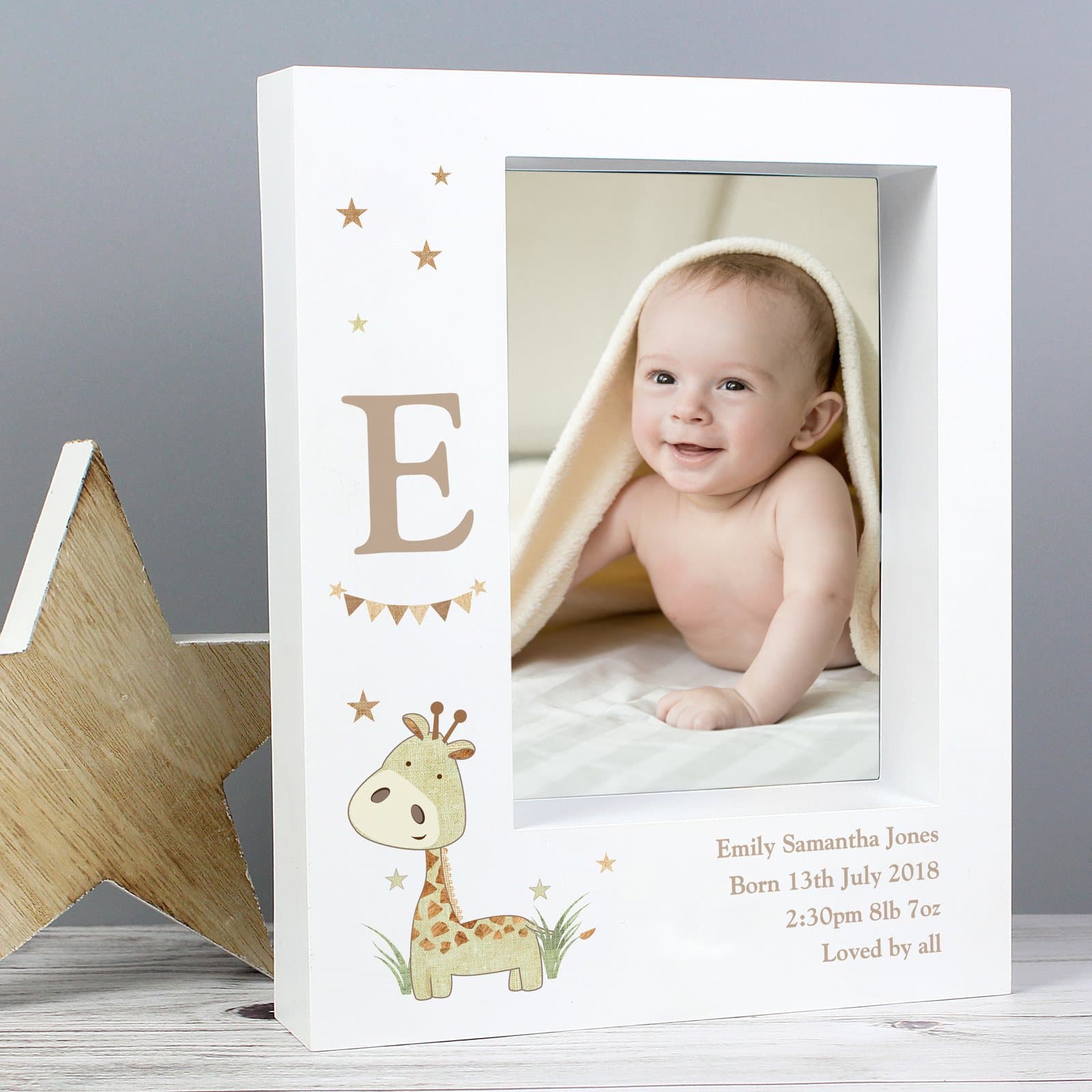 Hessian giraffe box photo frame with an initial and lines of personalised text