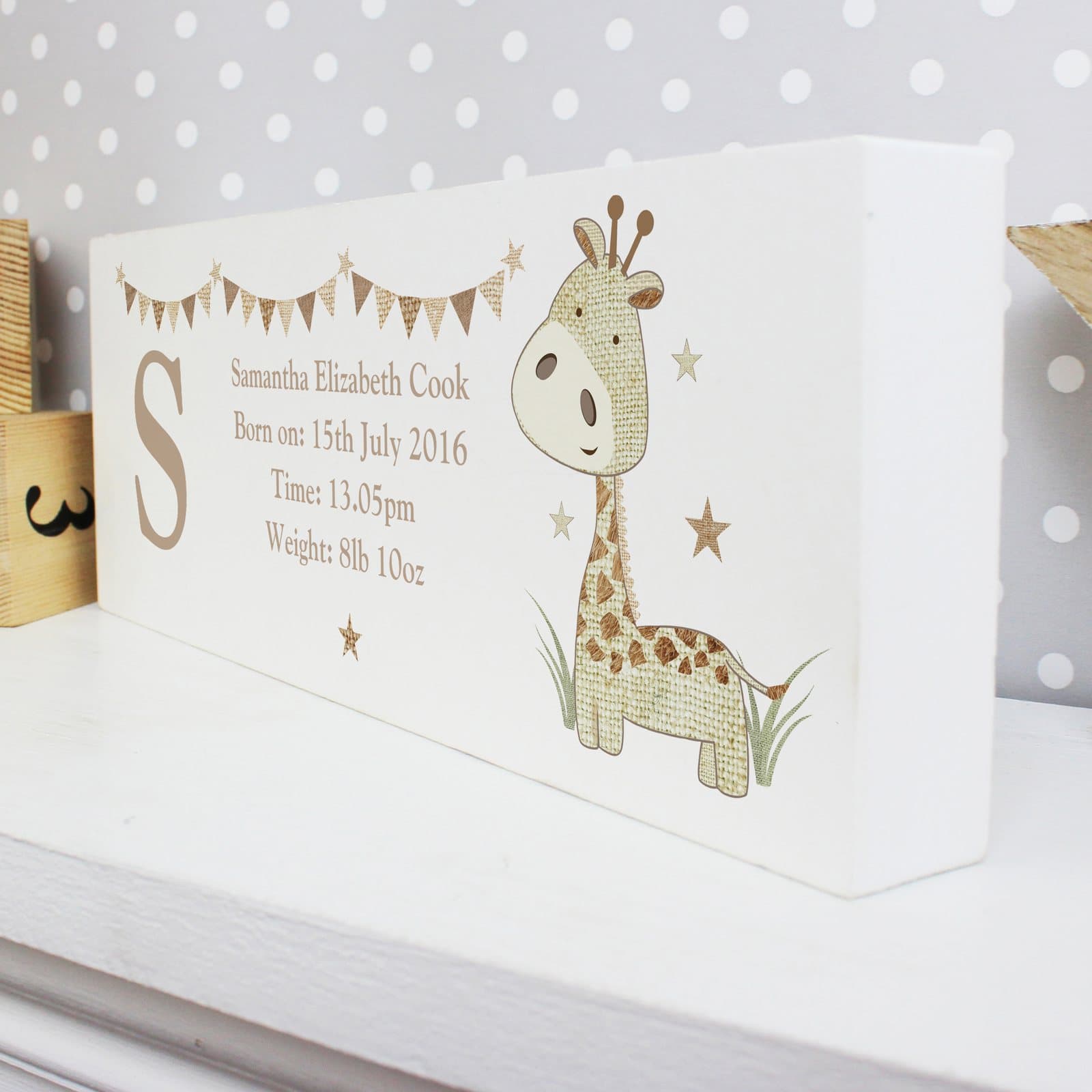 Personalised wooden giraffe mantel block with initial and message lines