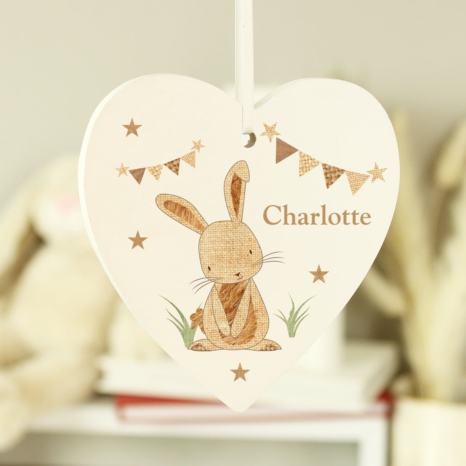 Wooden heart decoration with a hessian rabbit design and a name