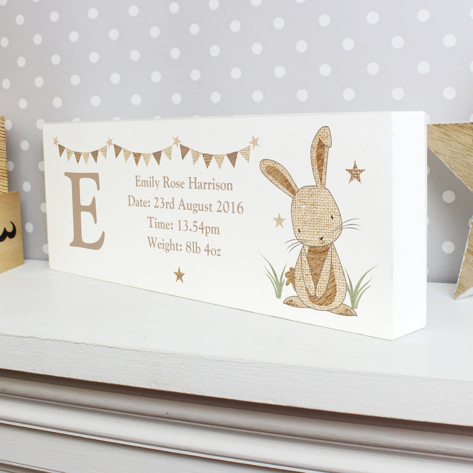 Personalised wooden rabbit mantel block with initial and message lines