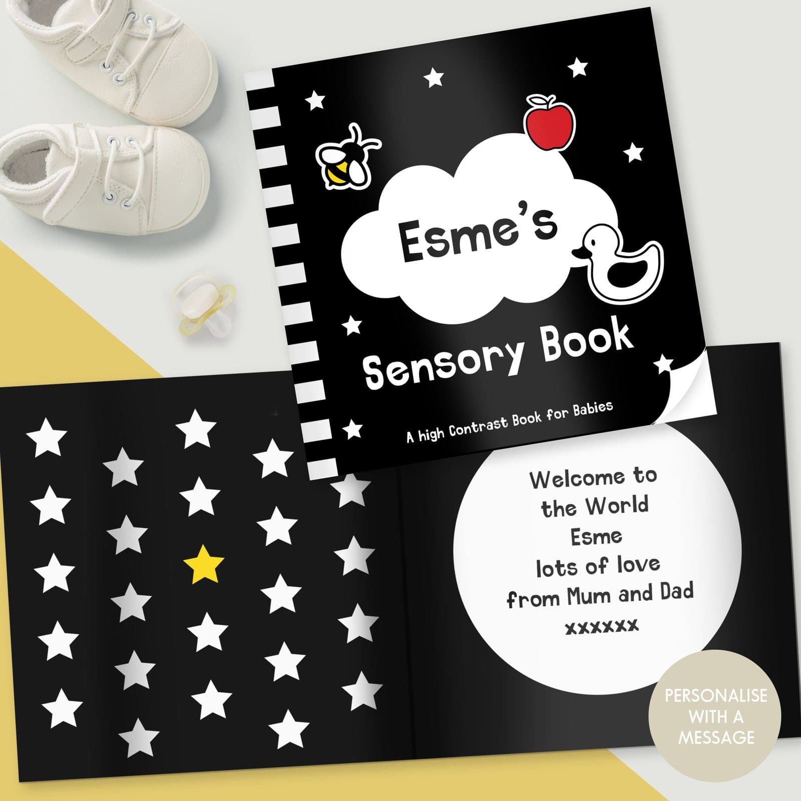 Personalised black and white high contrast baby book
