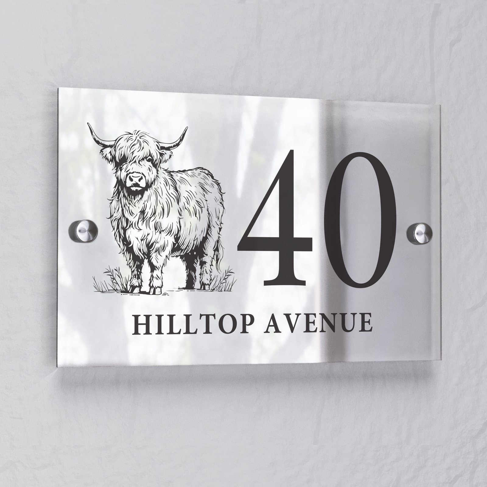 Acrylic house sign with a Highland cow design, house number and a line of text
