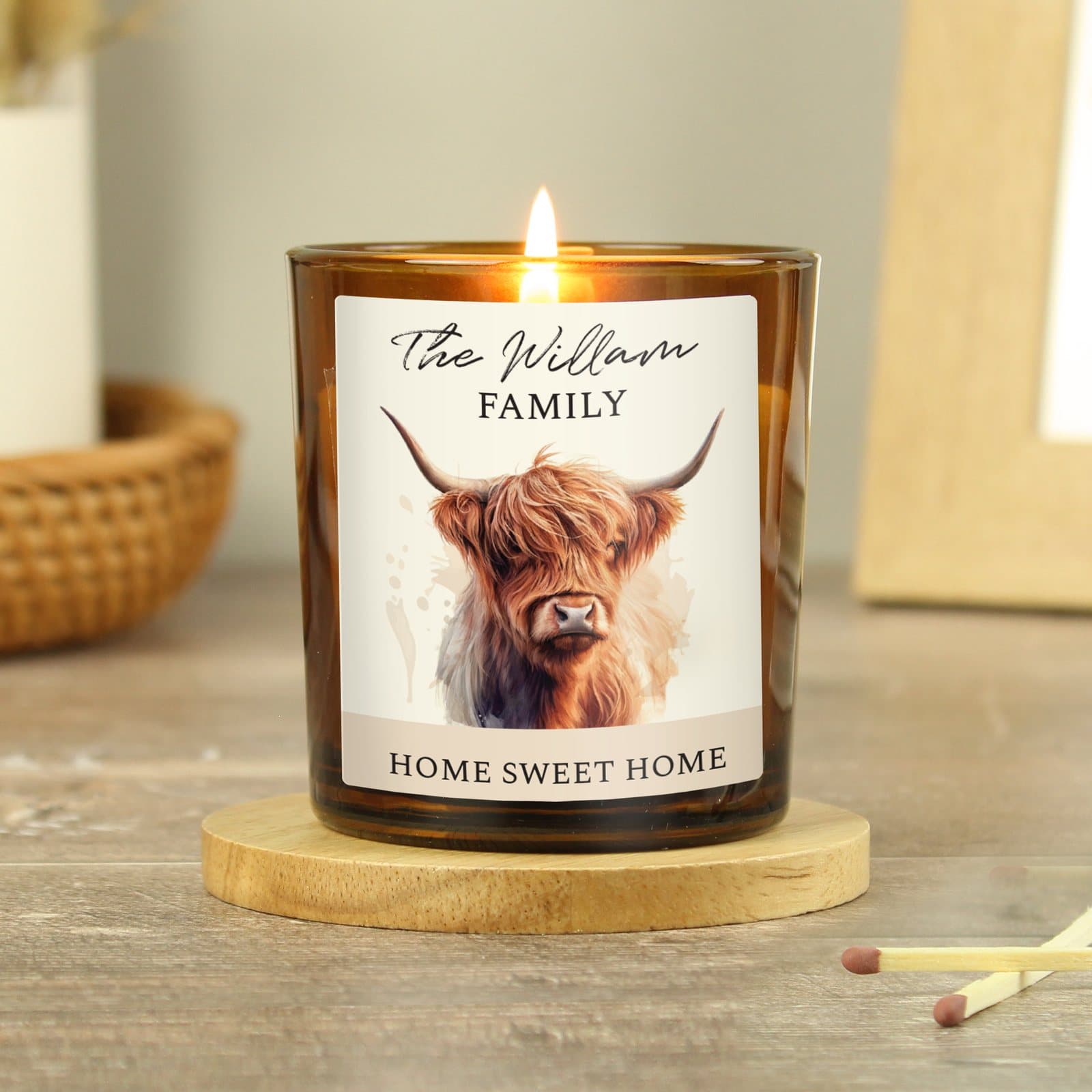 Amber glass candle jar with a personalised label