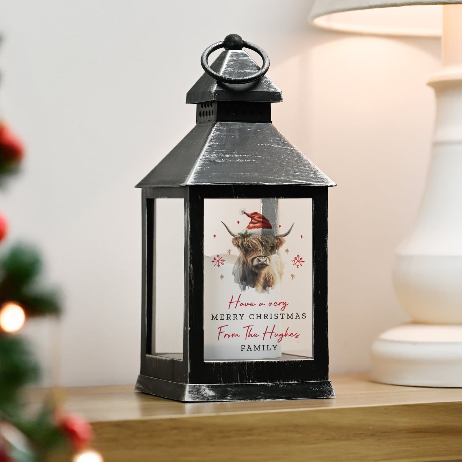 Highland cow Christmas LED lantern with personalised text
