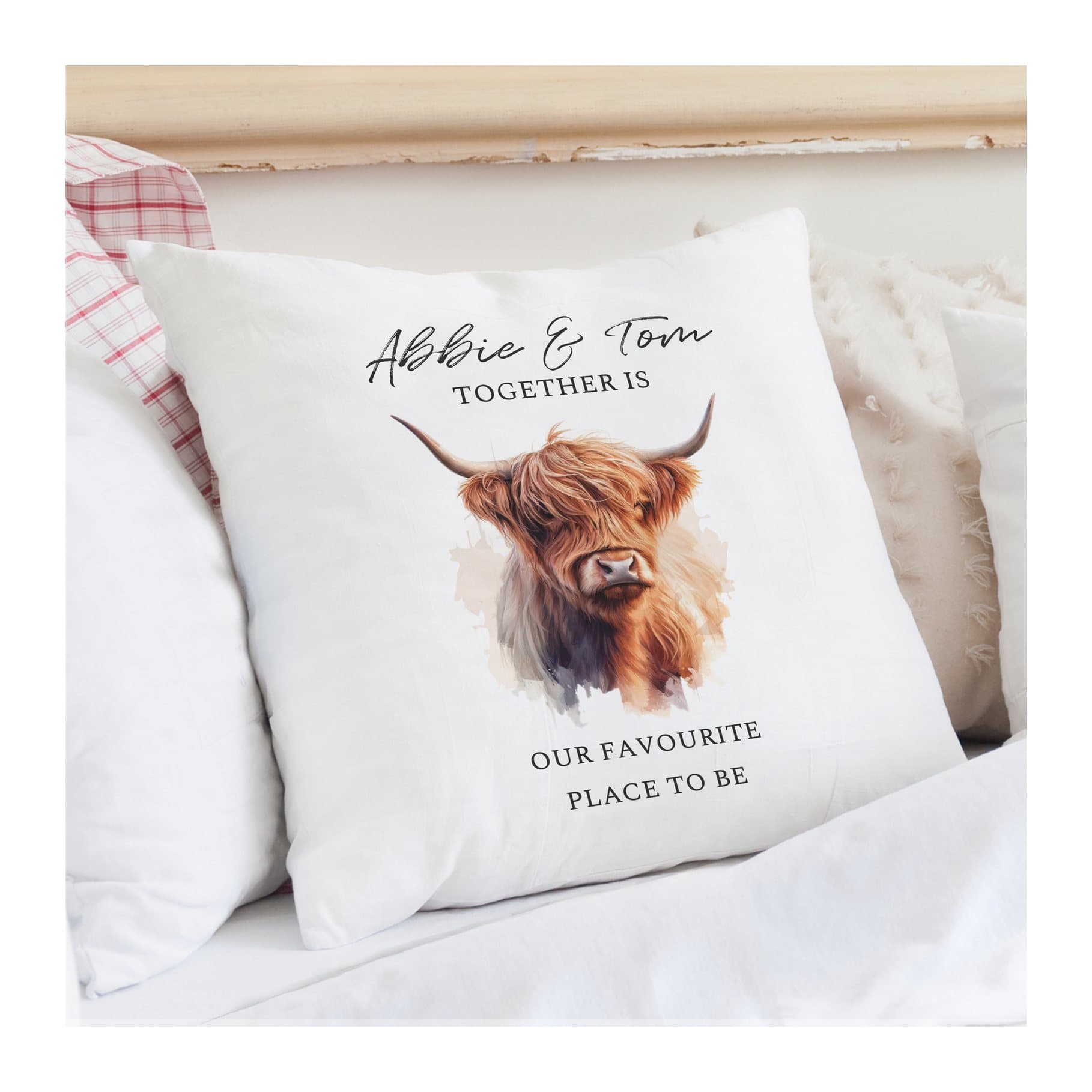 Highland cow cushion with a personalised message