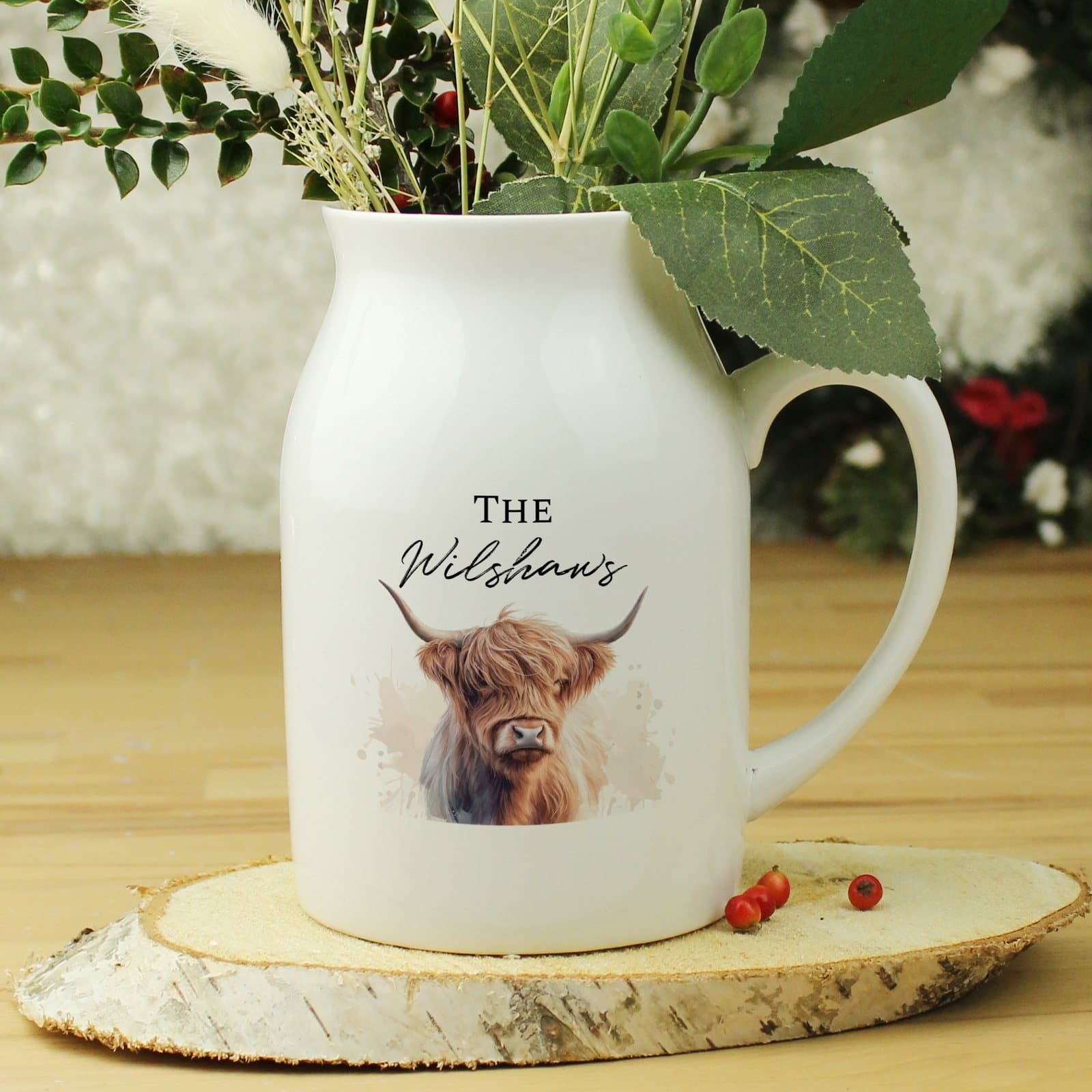Ceramic jug vase with a Highland cow design below a personalised message