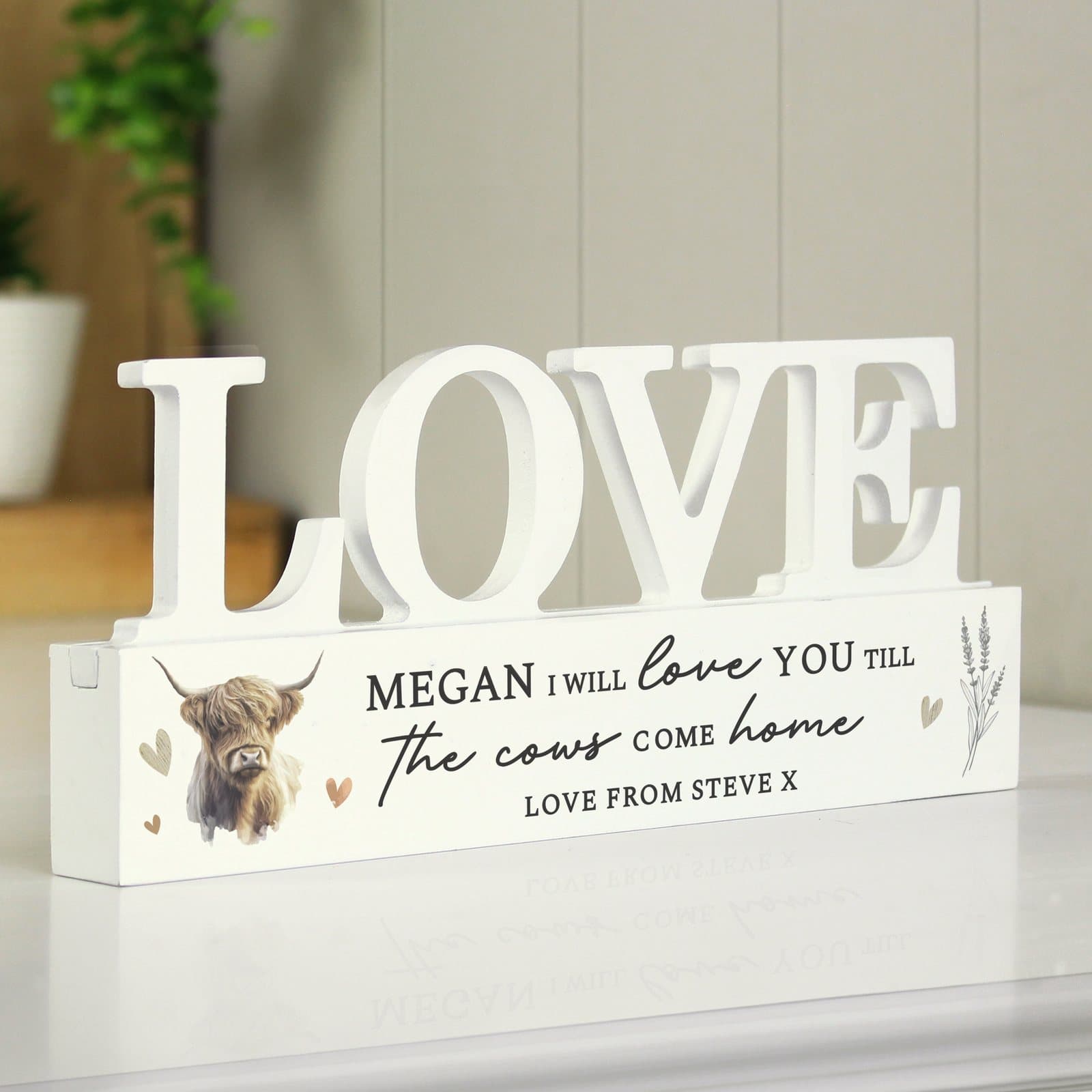 Wooden Highland cow love ornament with personalised lines and fixed love text