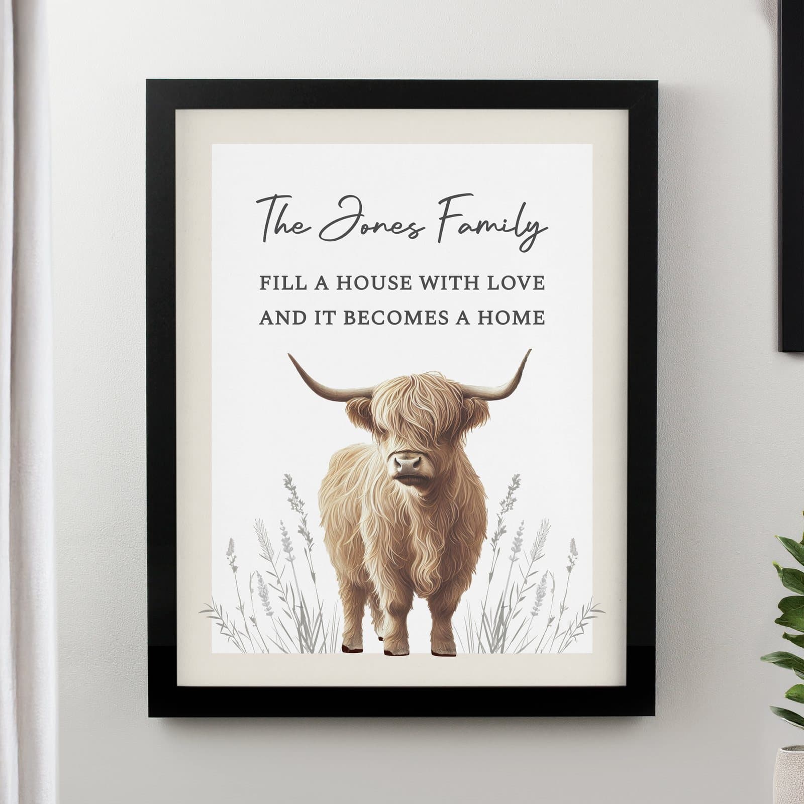 Highland cow illustration in a black or white frame with personalised text