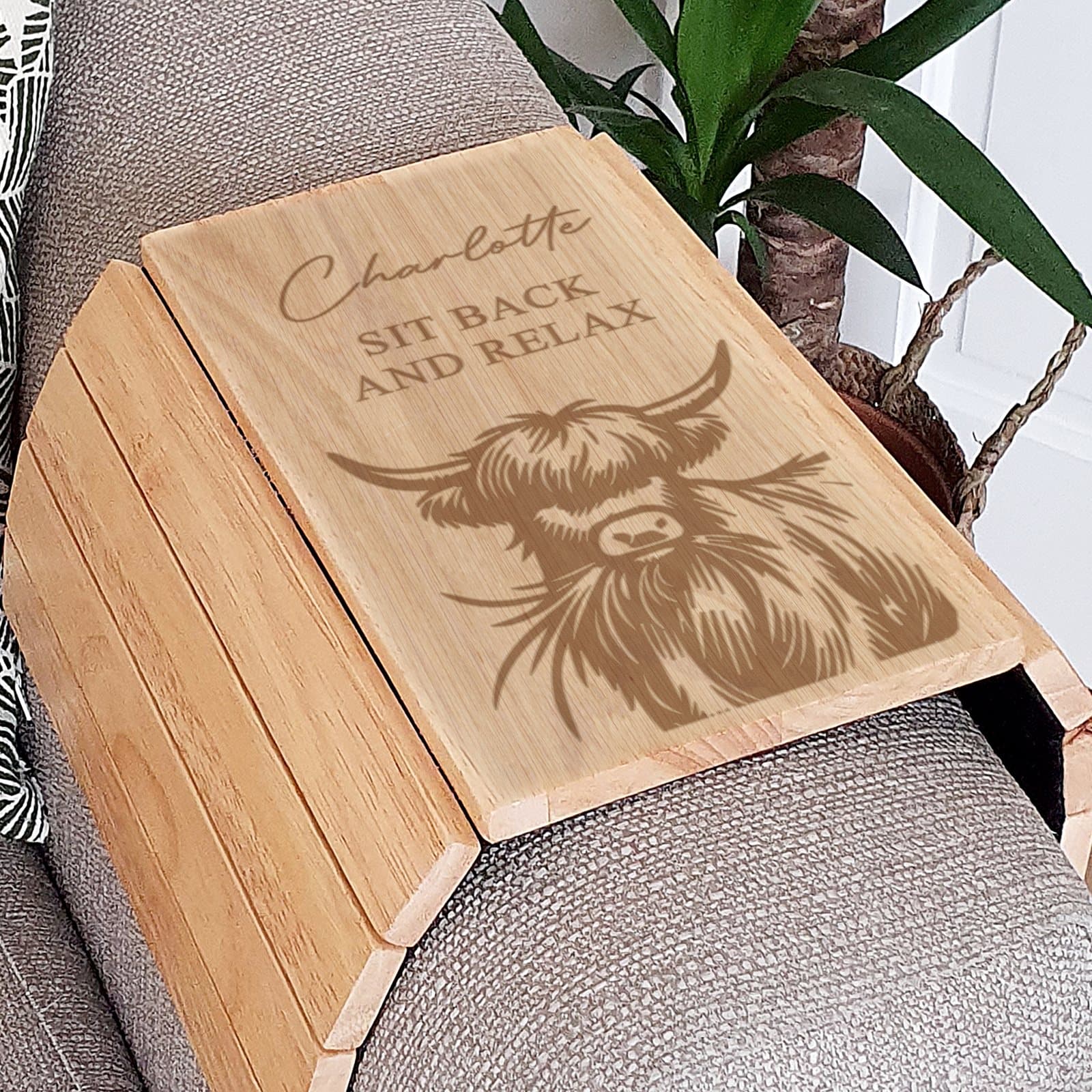 Wooden sofa tray with a Highland cow design and personalised text