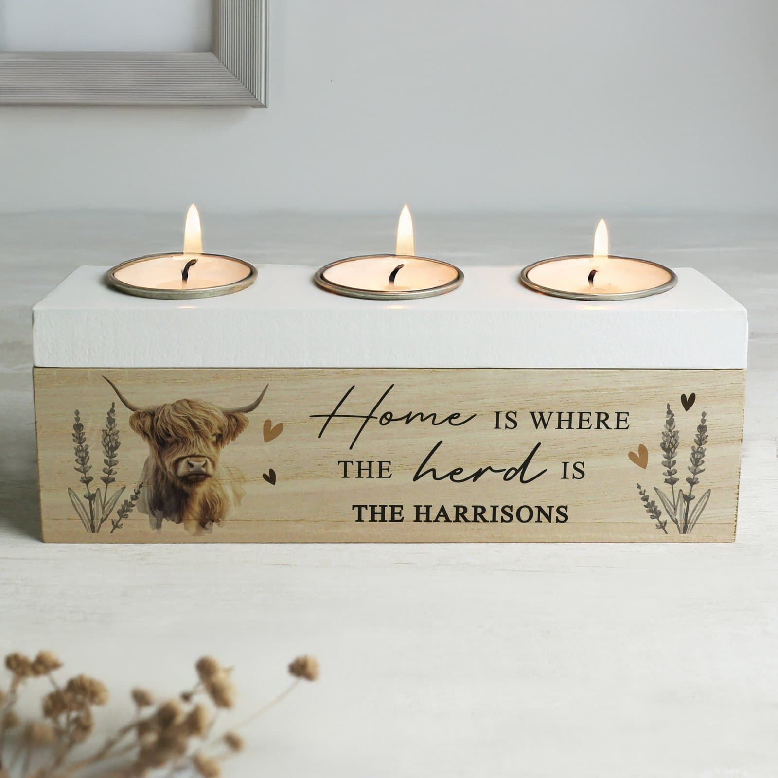 Personalised wooden Highland cow triple tea light box with a lid for three tea lights