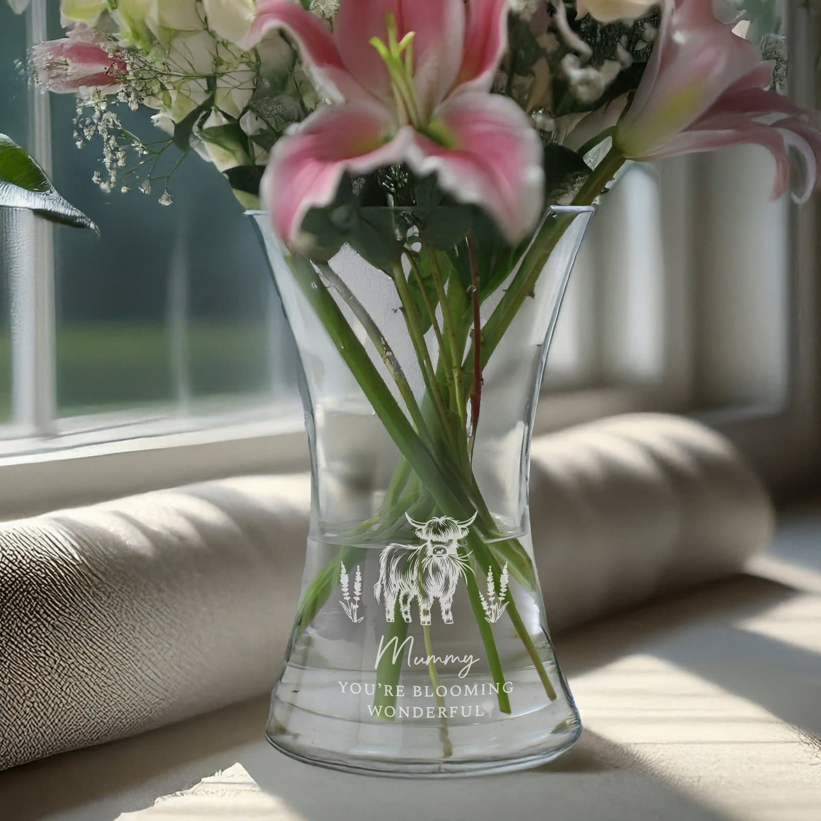 Glass waisted vase with a Highland cow design and personalised text