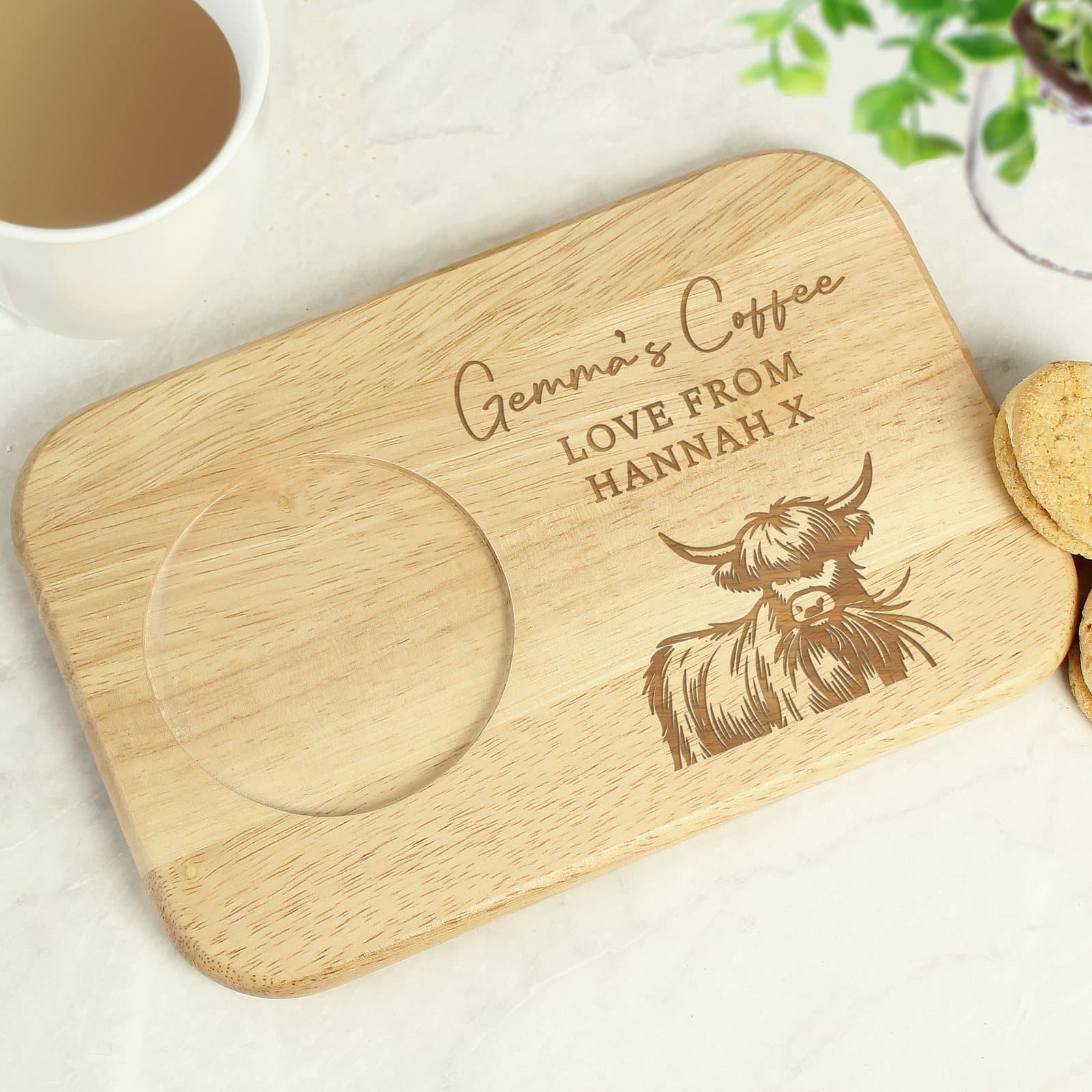 Wooden coaster tray with a Highland cow design and personalised text