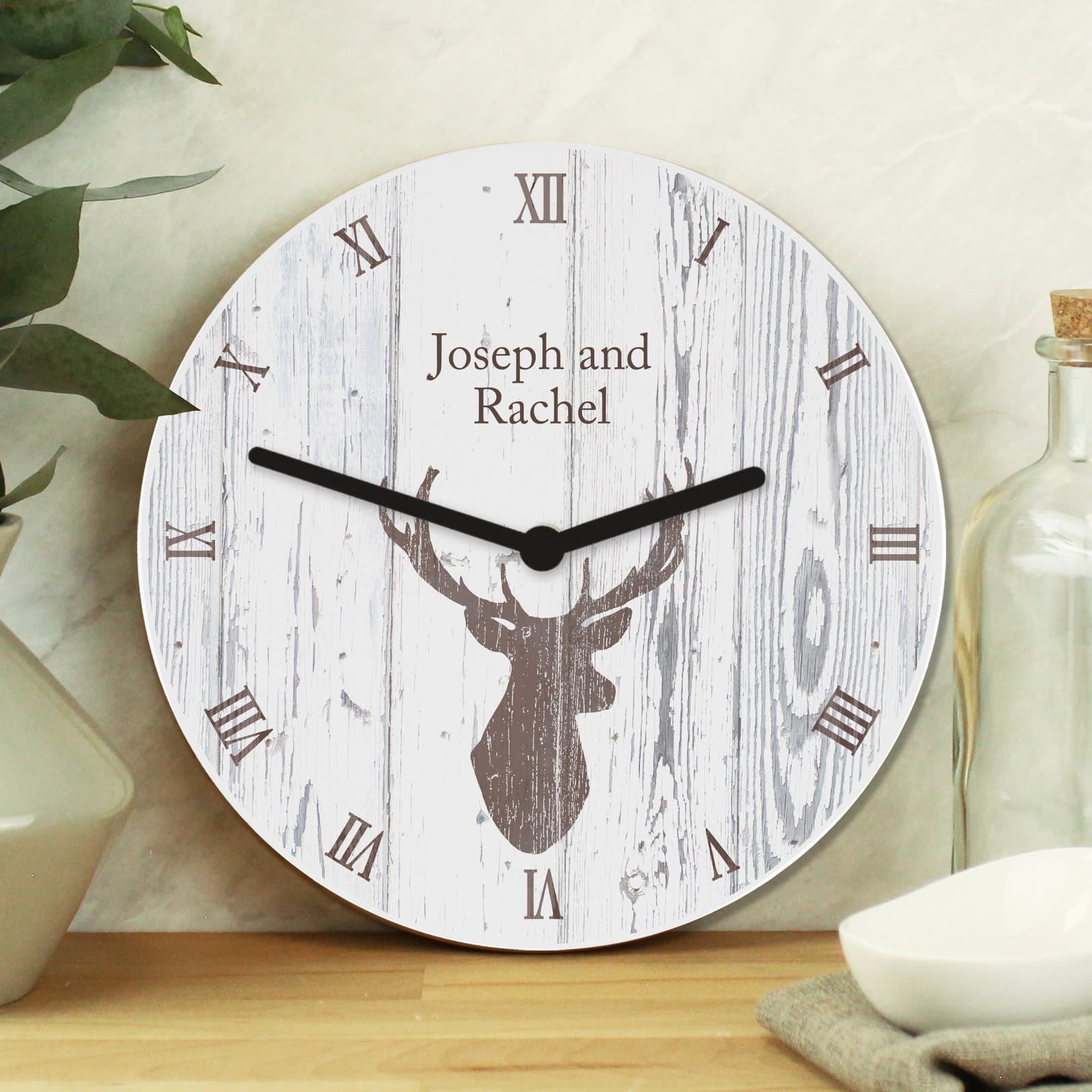 Shabby chic wooden clock with a Highland stag and two lines of personalised text