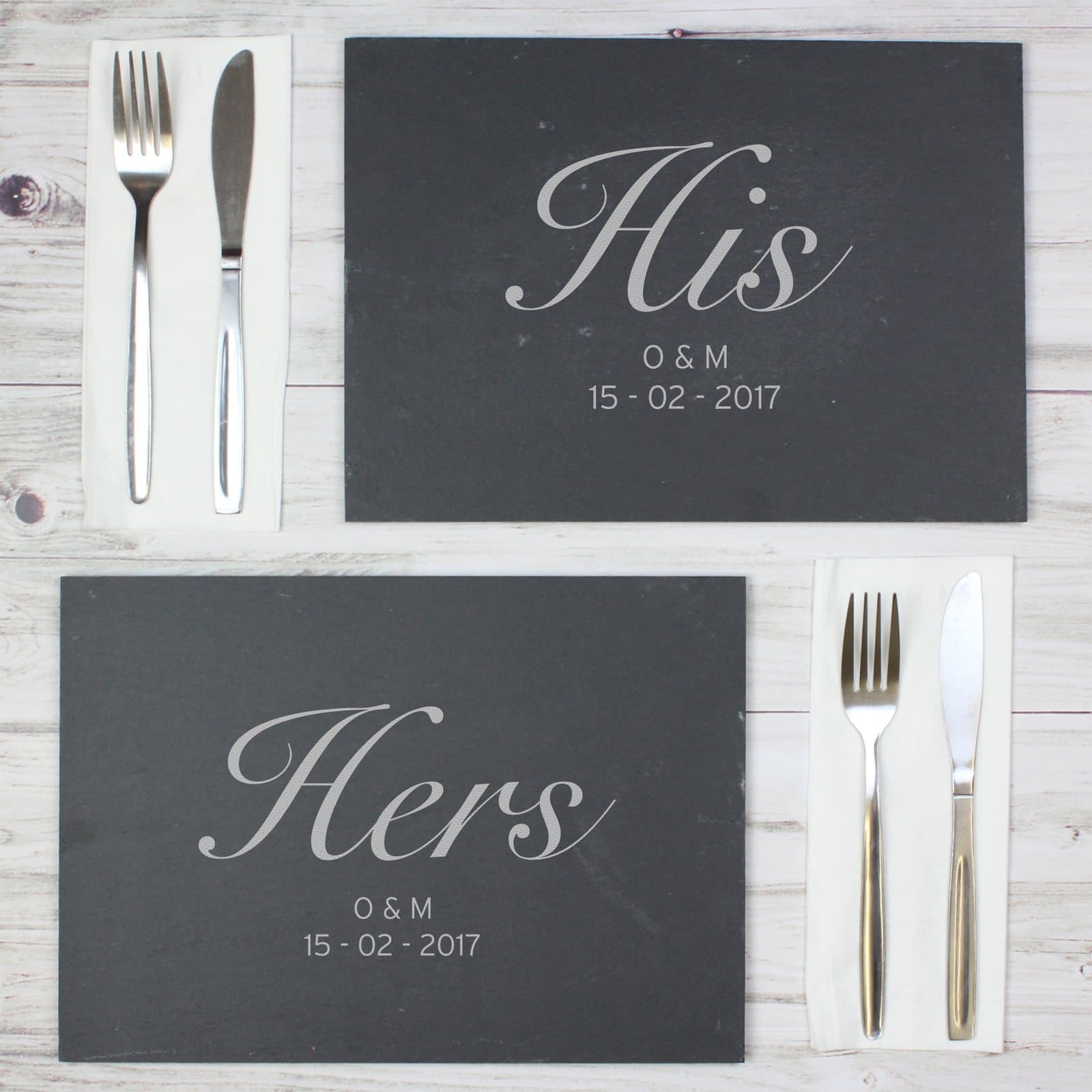 Set of two slate placemats marked His and Hers with personalised text