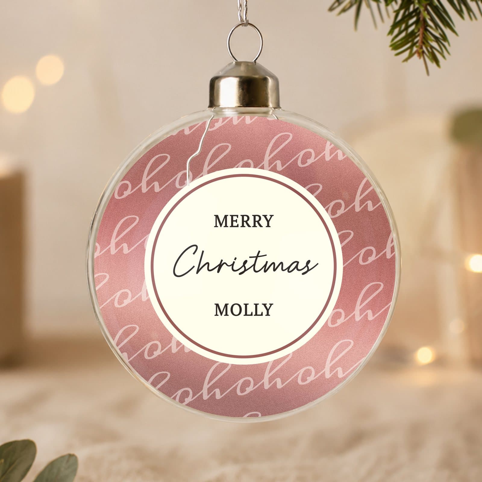 Personalised Ho Ho Ho glass bauble with a ribbon